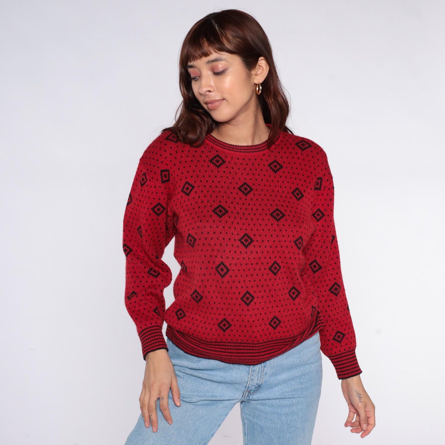80s Red Geometric Diamond Sweater Black Dot Crew Neck Knit Small S