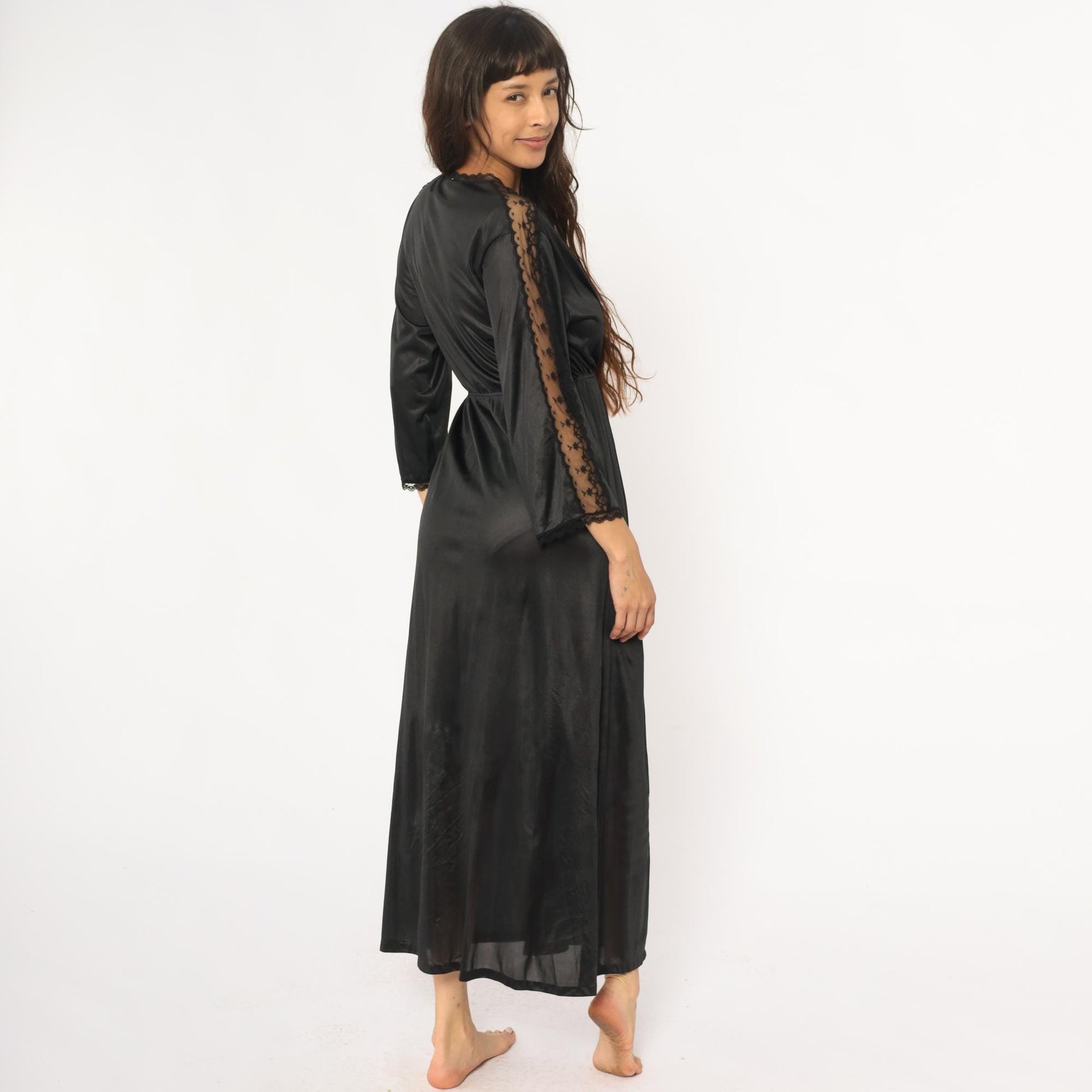 70s Black Nylon Lace Robe Maxi Wrap Front Deep V Neck Tie Waist Small