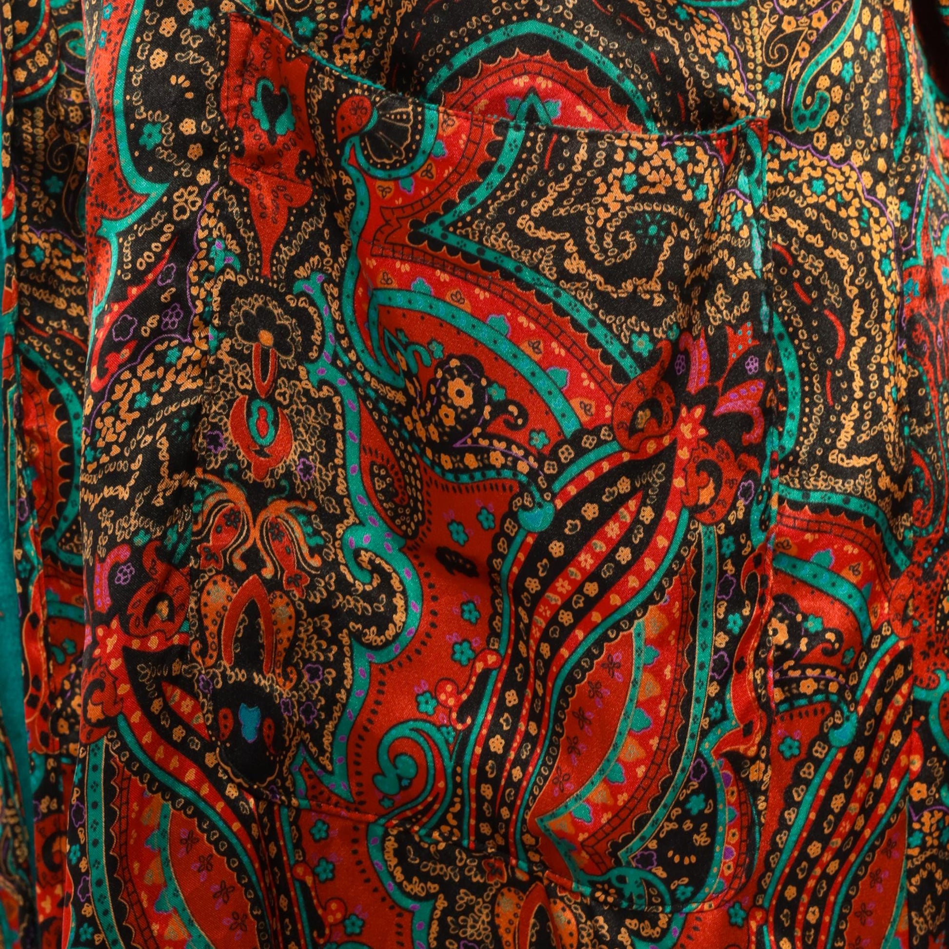 80s Paisley Terrycloth Robe Turquoise Orange Black Lace Trim Knee Length Large