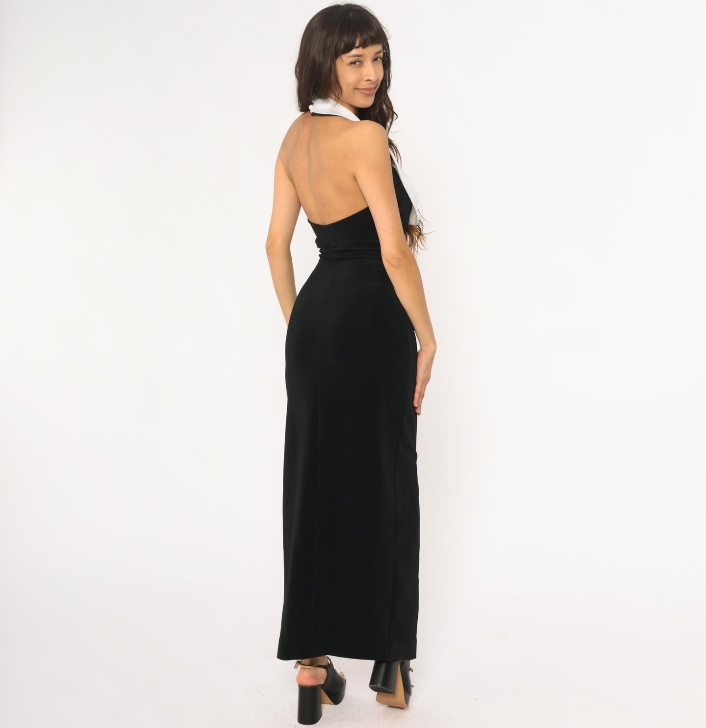 90s Cache Black Halter Maxi Dress White Collar Open Back Small S