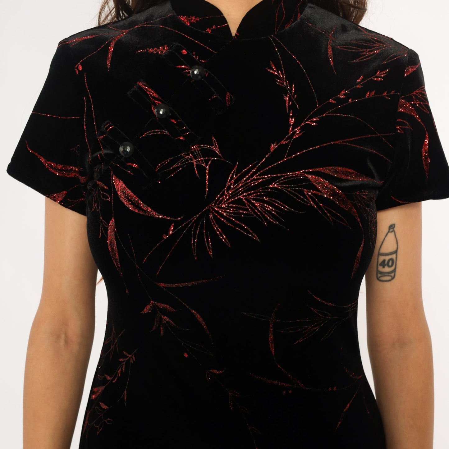 Y2K Black Velvet Maxi Dress Red Floral Cheongsam Mandarin Collar Small S
