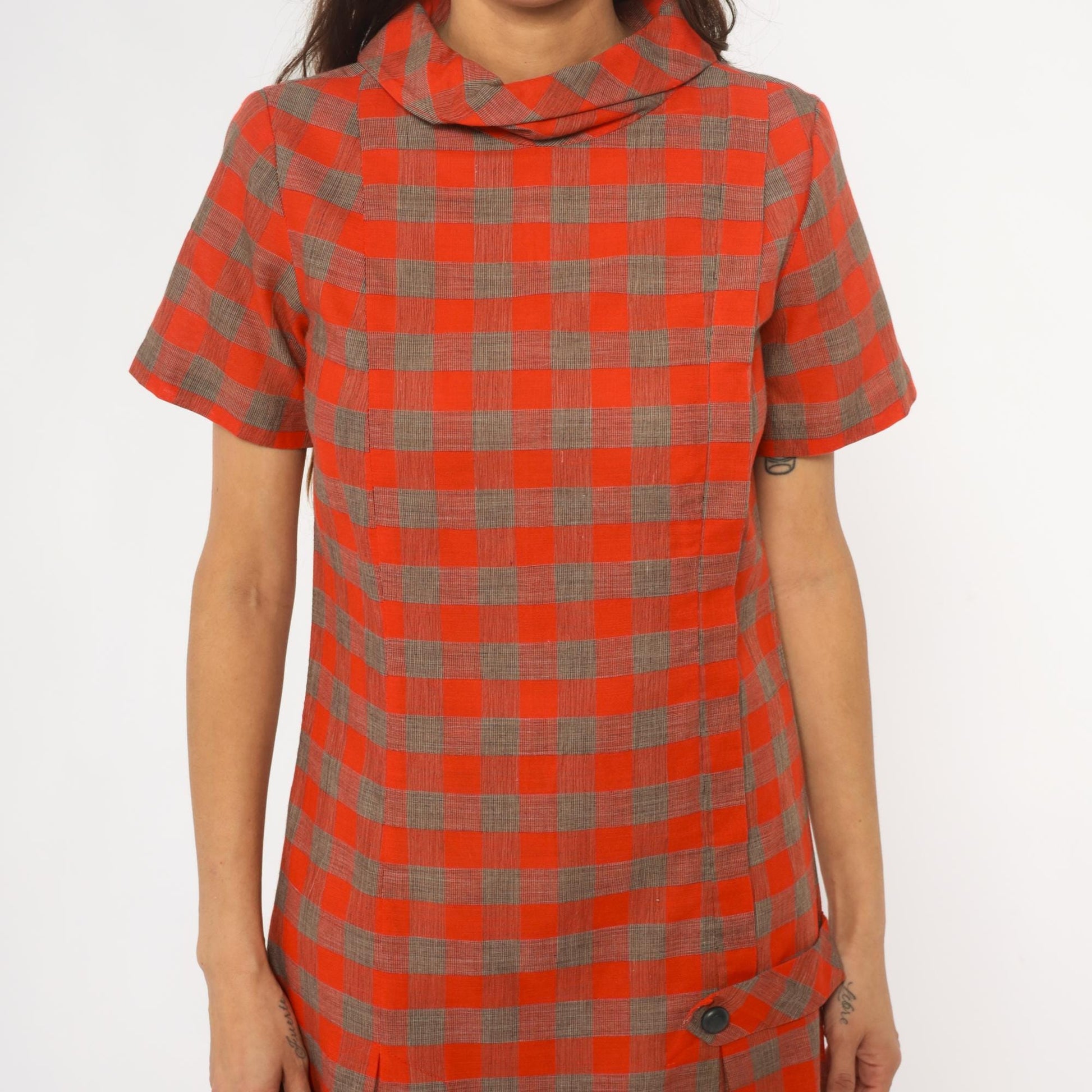 60s Orange Brown Plaid Shift Dress Drop Waist Pointed Collar Small