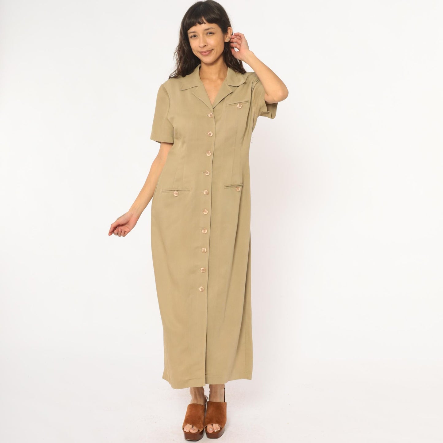 90s Jessica Howard Tan Maxi Shirt Dress Collared Button Front Medium