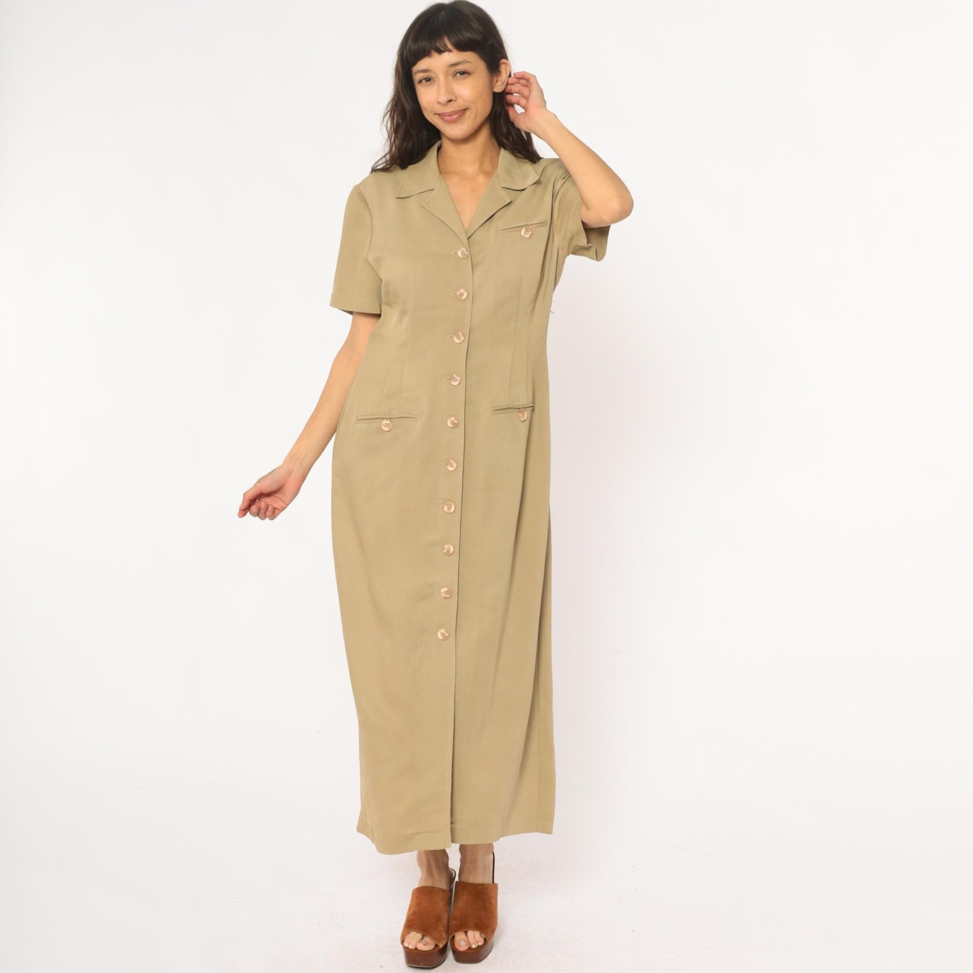 90s Jessica Howard Tan Maxi Shirt Dress Collared Button Front Medium