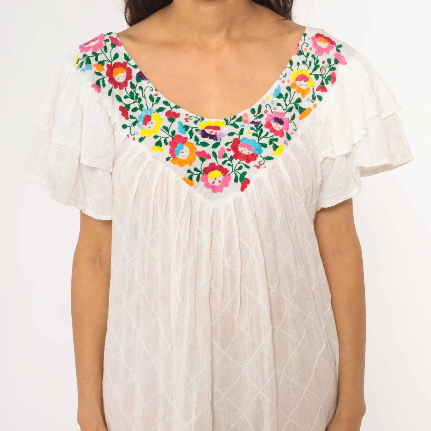 80s Mexican Embroidered White Cotton Midi Dress Floral Flutter Sleeve Small