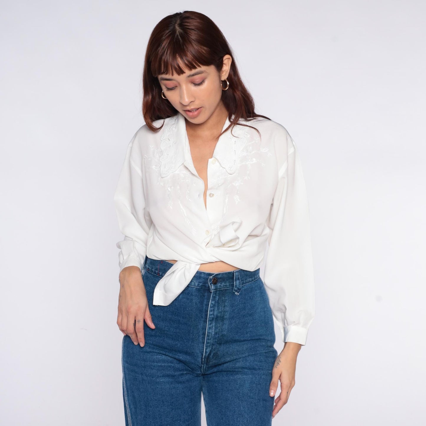 90s Embroidered Collar Blouse White Button Front Long Sleeve Medium