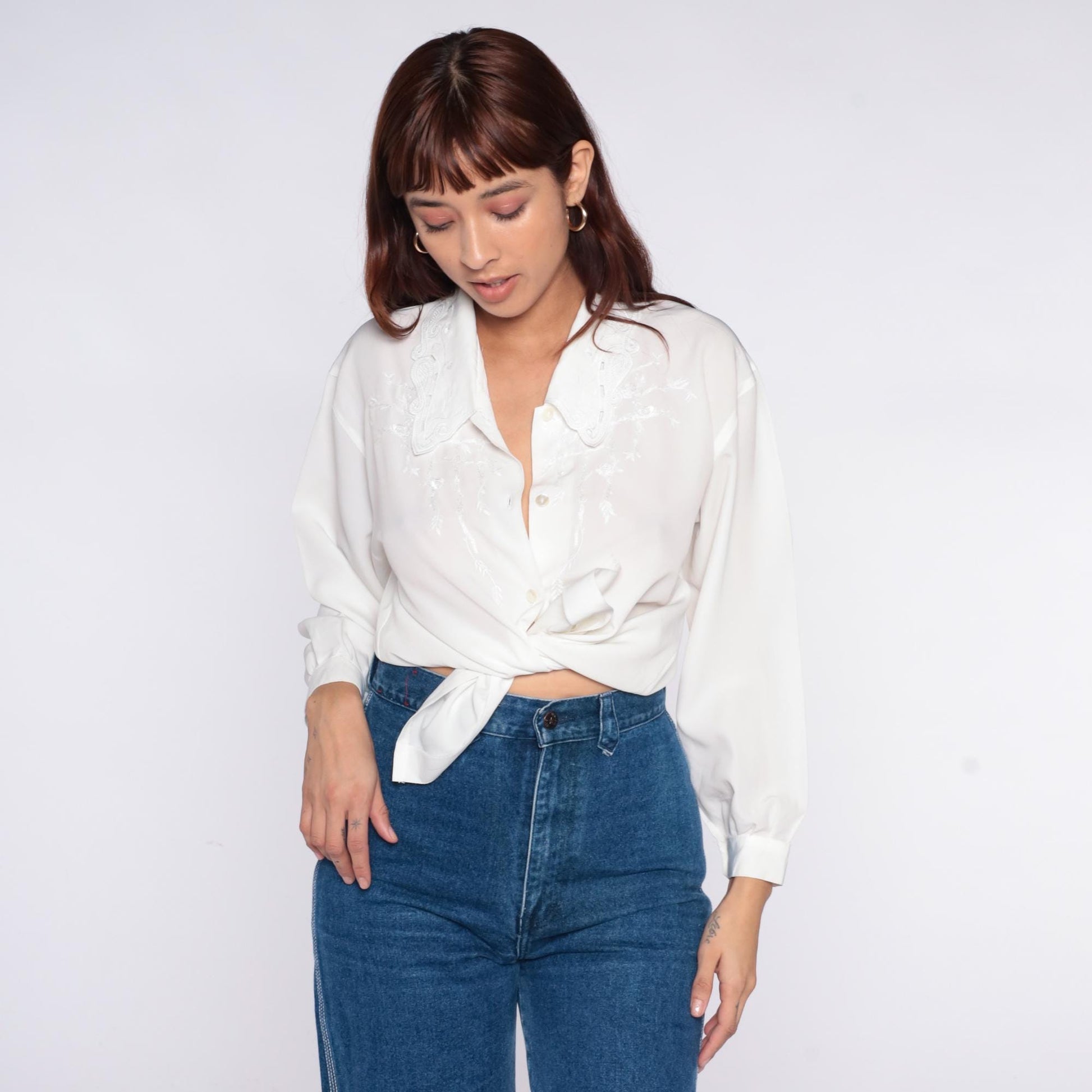 90s Embroidered Collar Blouse White Button Front Long Sleeve Medium