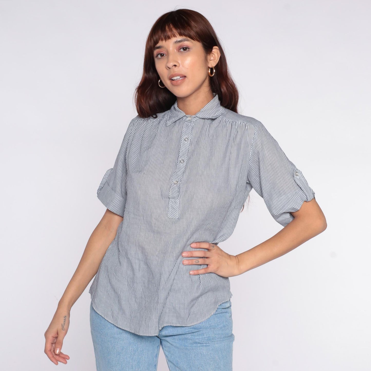 80s Miss Fashionality Blue White Striped Button Blouse Bow Tie Collar Large