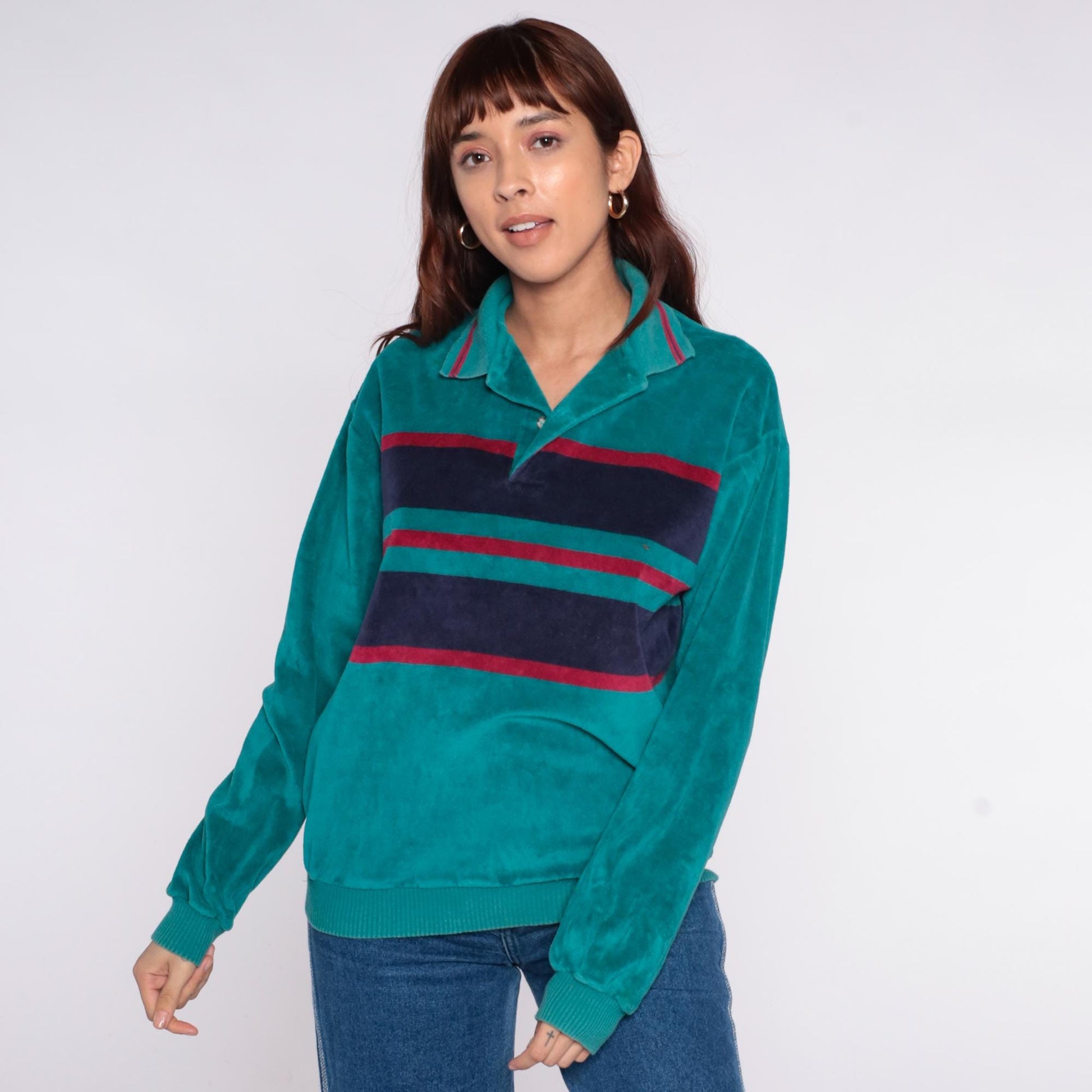 90s Chesterfield Velour Pullover Teal Striped Collared Sweatshirt Medium M