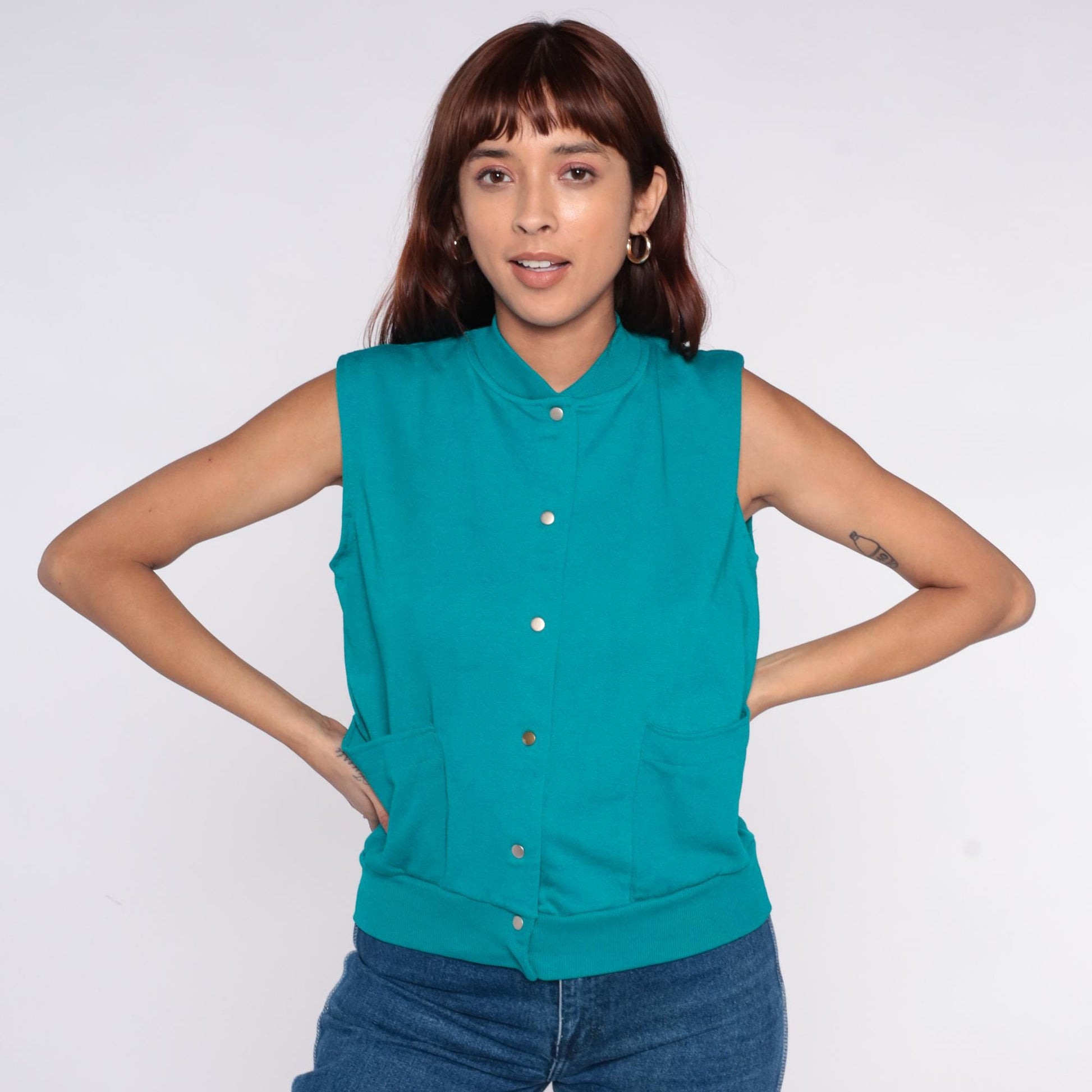 90s Teal Vest Abstract Painted Snap Front Sleeveless Stand Collar Medium