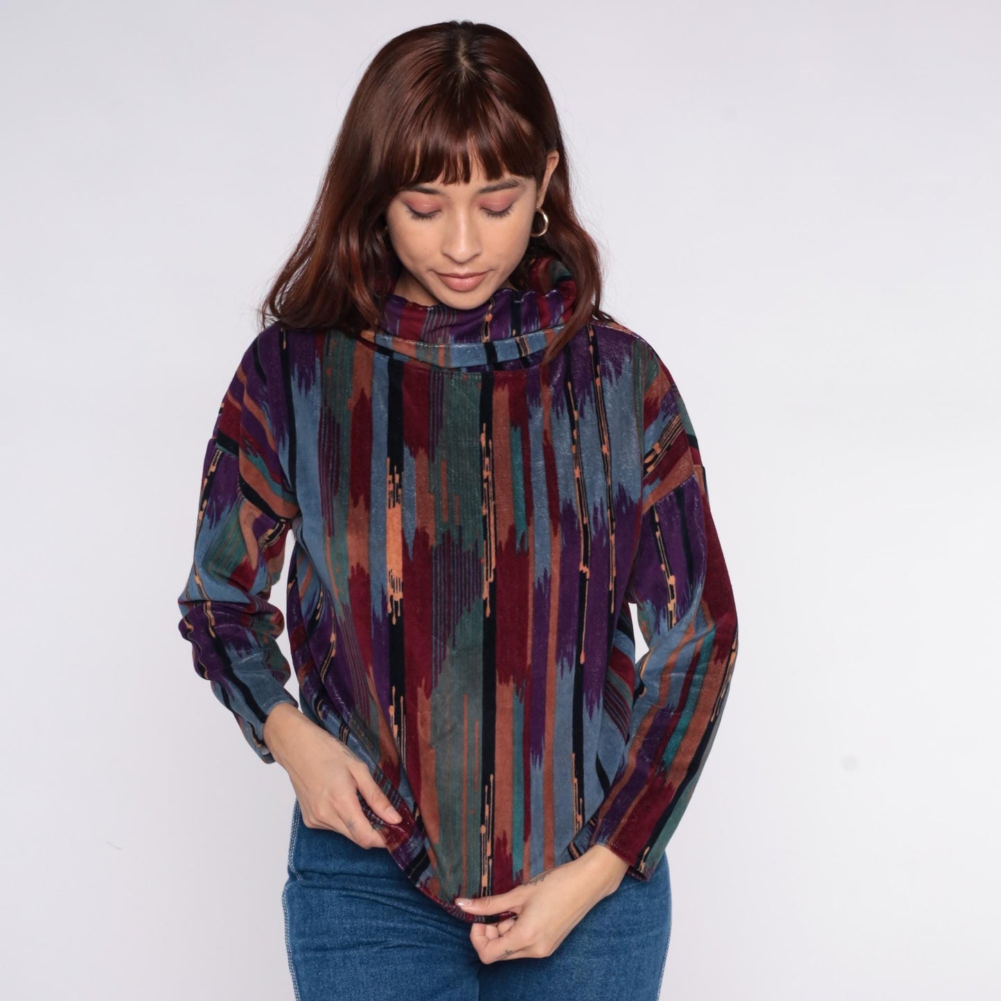 90s Southwestern Ikat Stripe Funnel Neck Blouse Purple Teal Small S