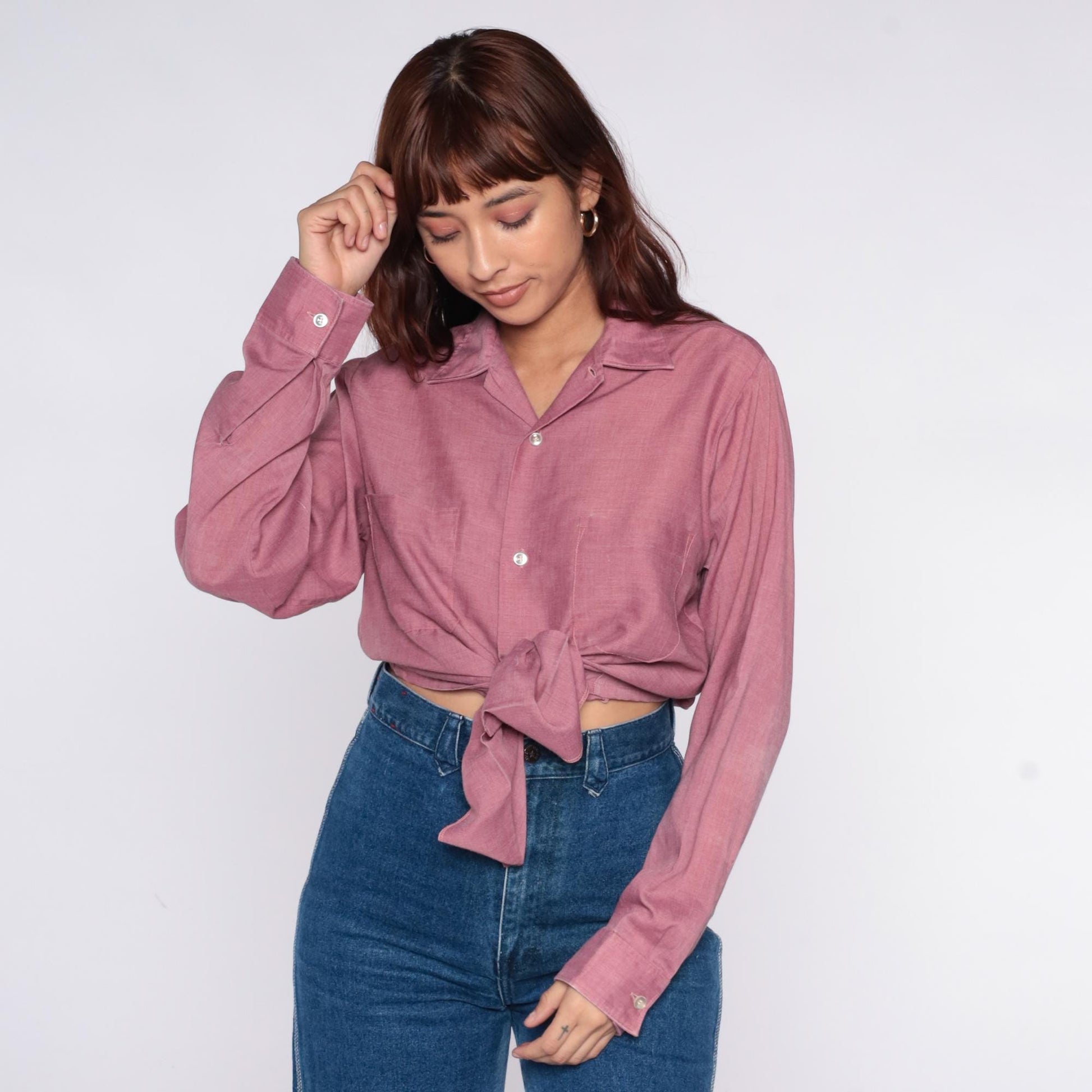 70s BVD Dusty Rose Button-Up Shirt Spread Collar Long Sleeve Small
