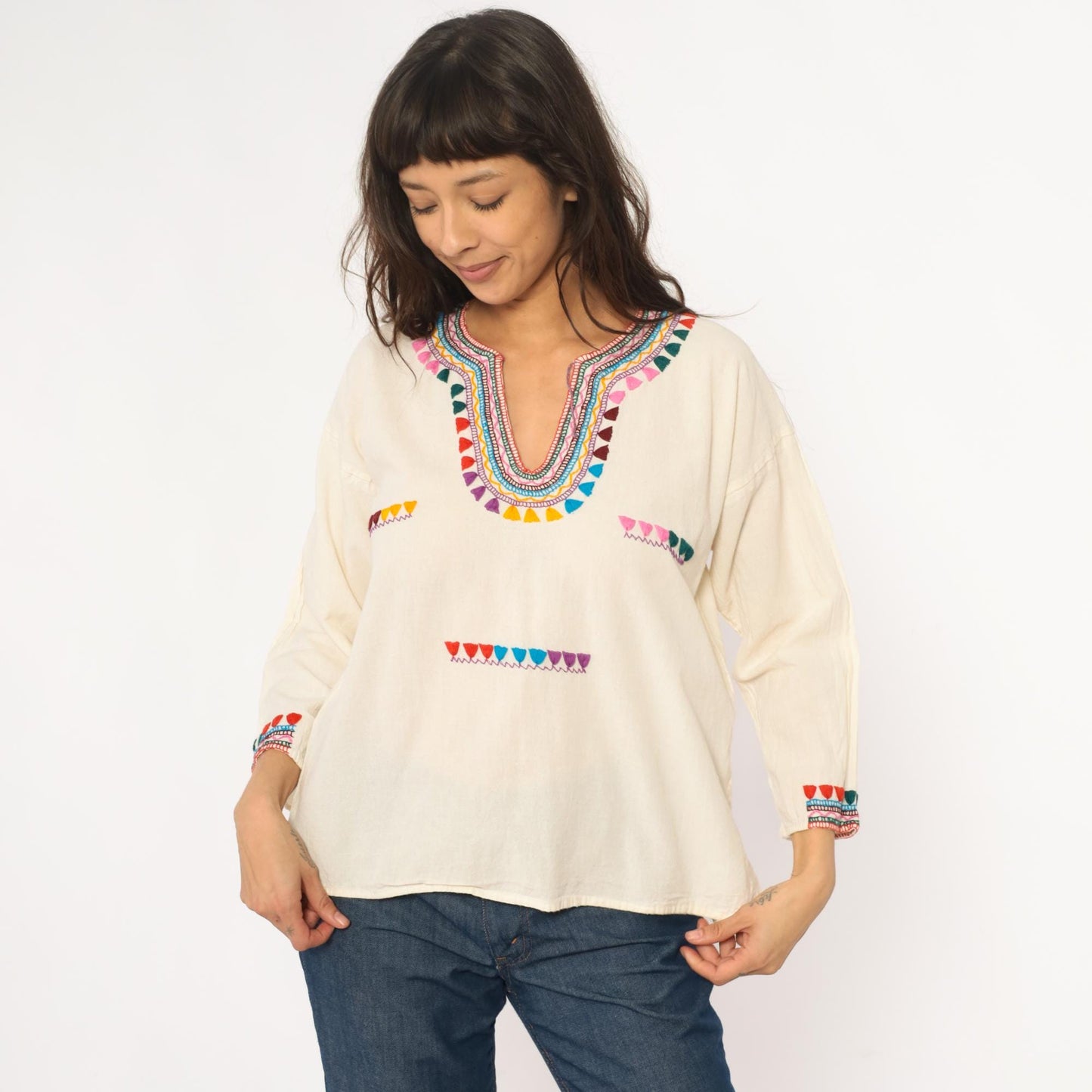 70s Embroidered Mexican Cotton Tunic Blouse Cream Multicolor Medium M