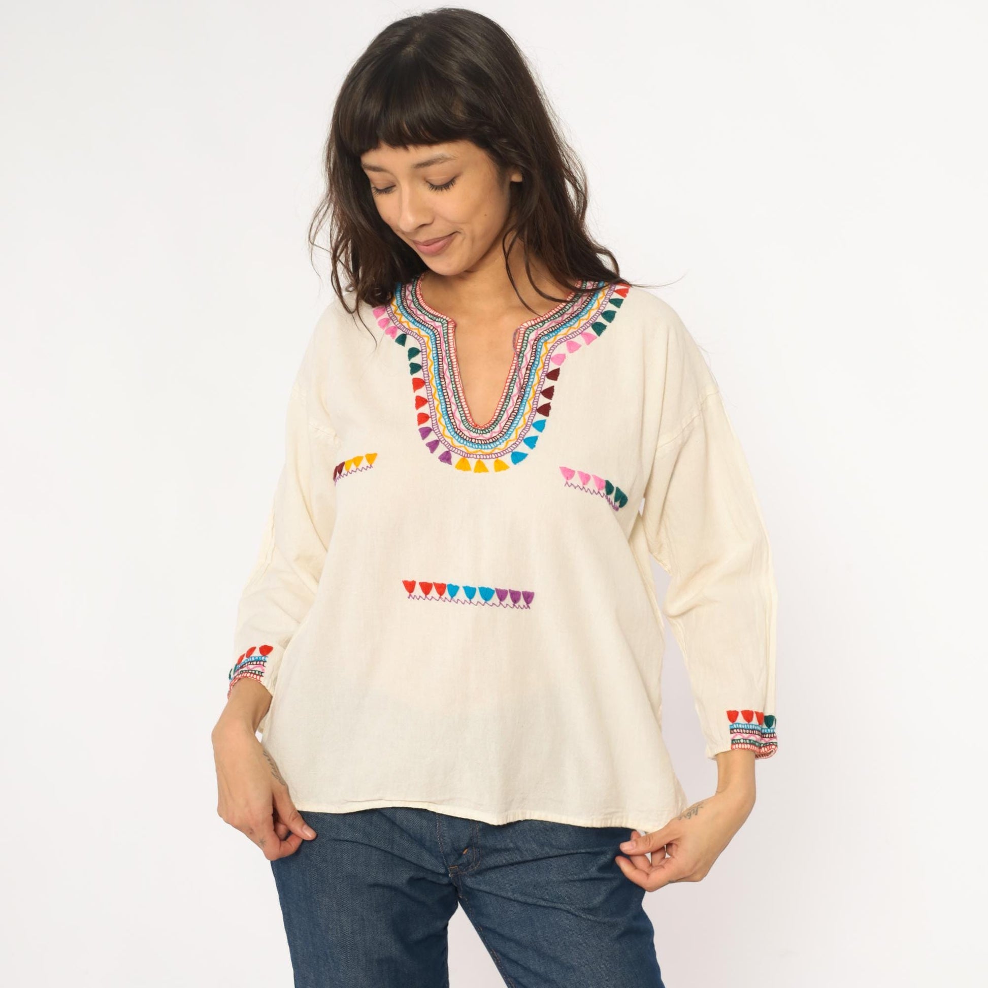 70s Embroidered Mexican Cotton Tunic Blouse Cream Multicolor Medium M