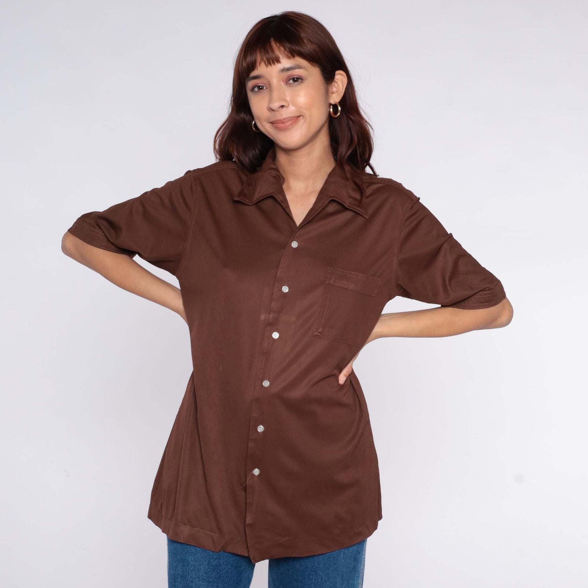 70s California Class Chocolate Brown Button-Up Shirt Camp Collar Large L