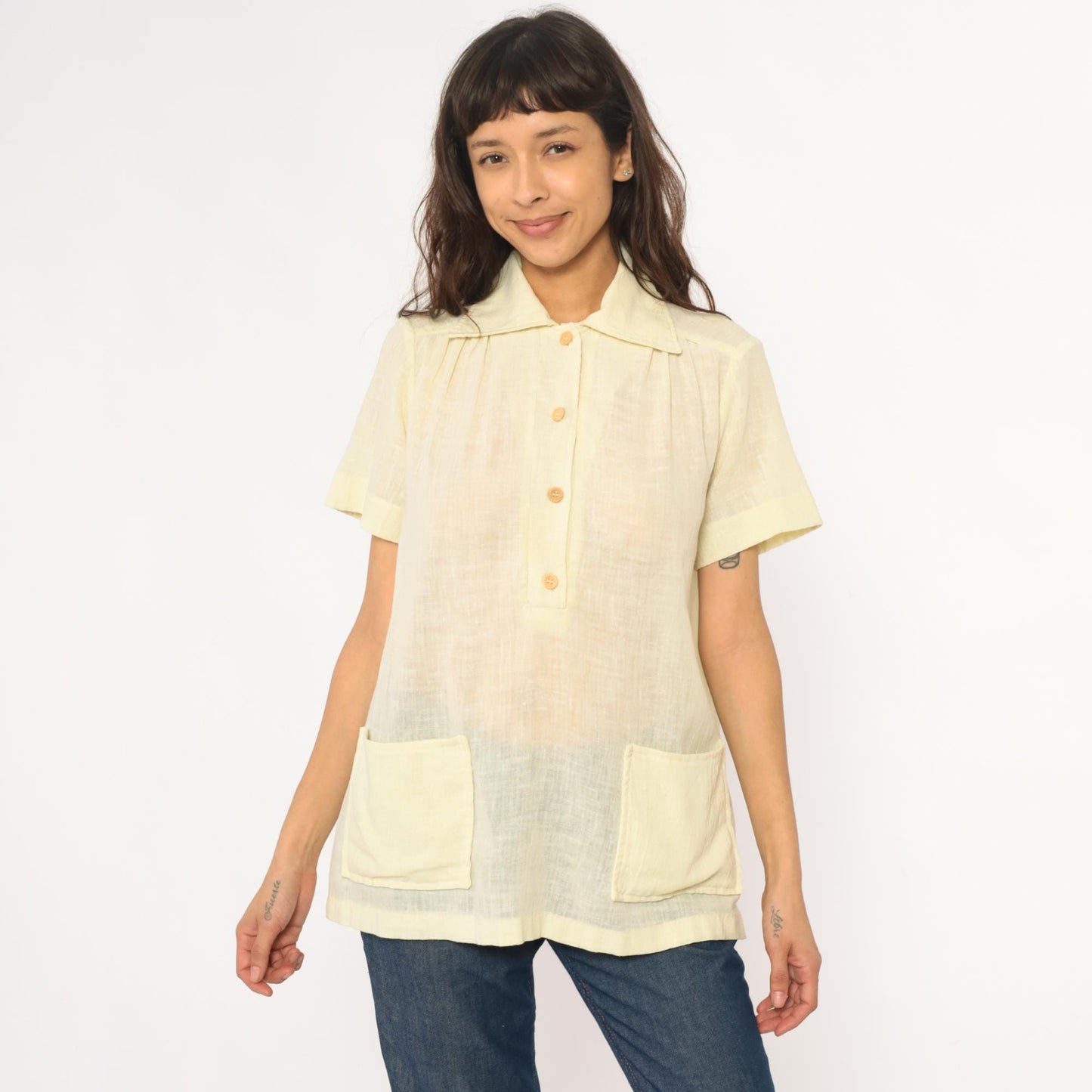 70s Pale Yellow Collared Shirt Pintuck Pleated Camp Blouse Medium M
