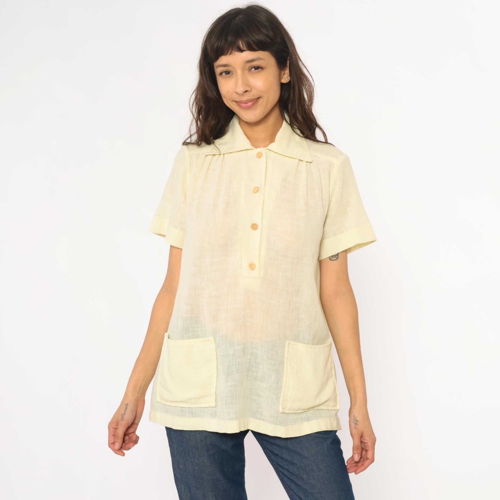 70s Pale Yellow Collared Shirt Pintuck Pleated Camp Blouse Medium M