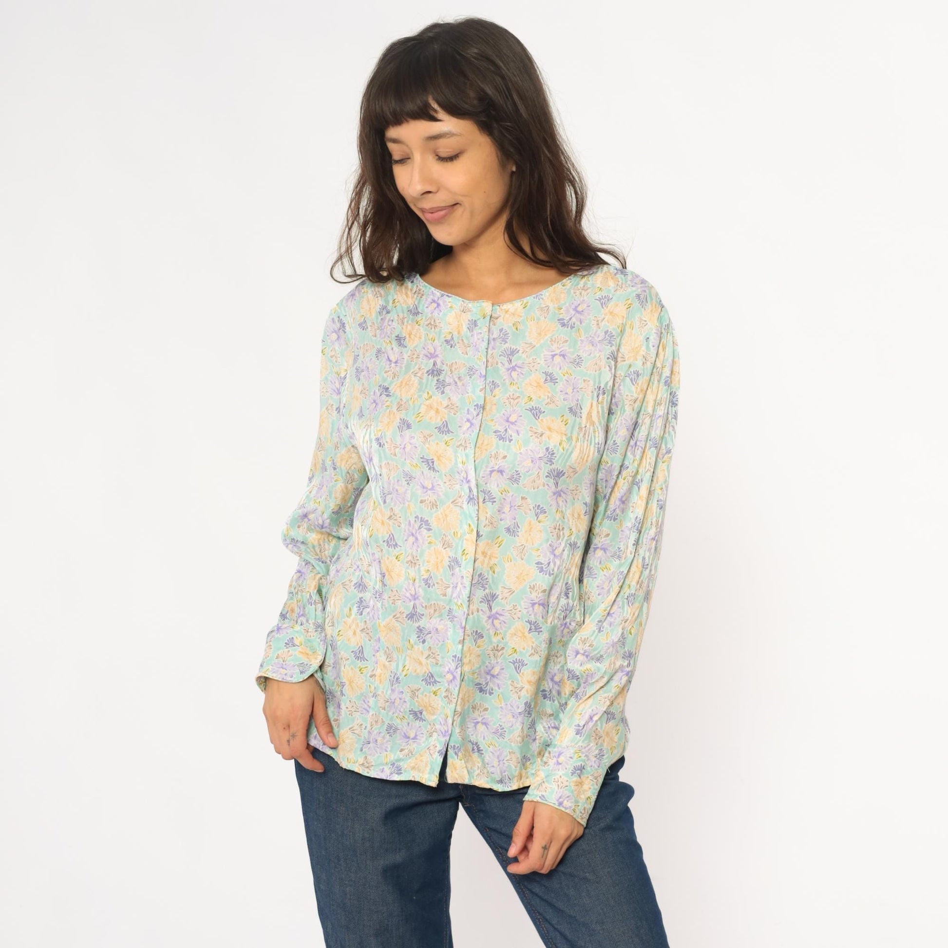 80s Evan Picone Silk Floral Blouse Mint Green Puff Sleeve Large L