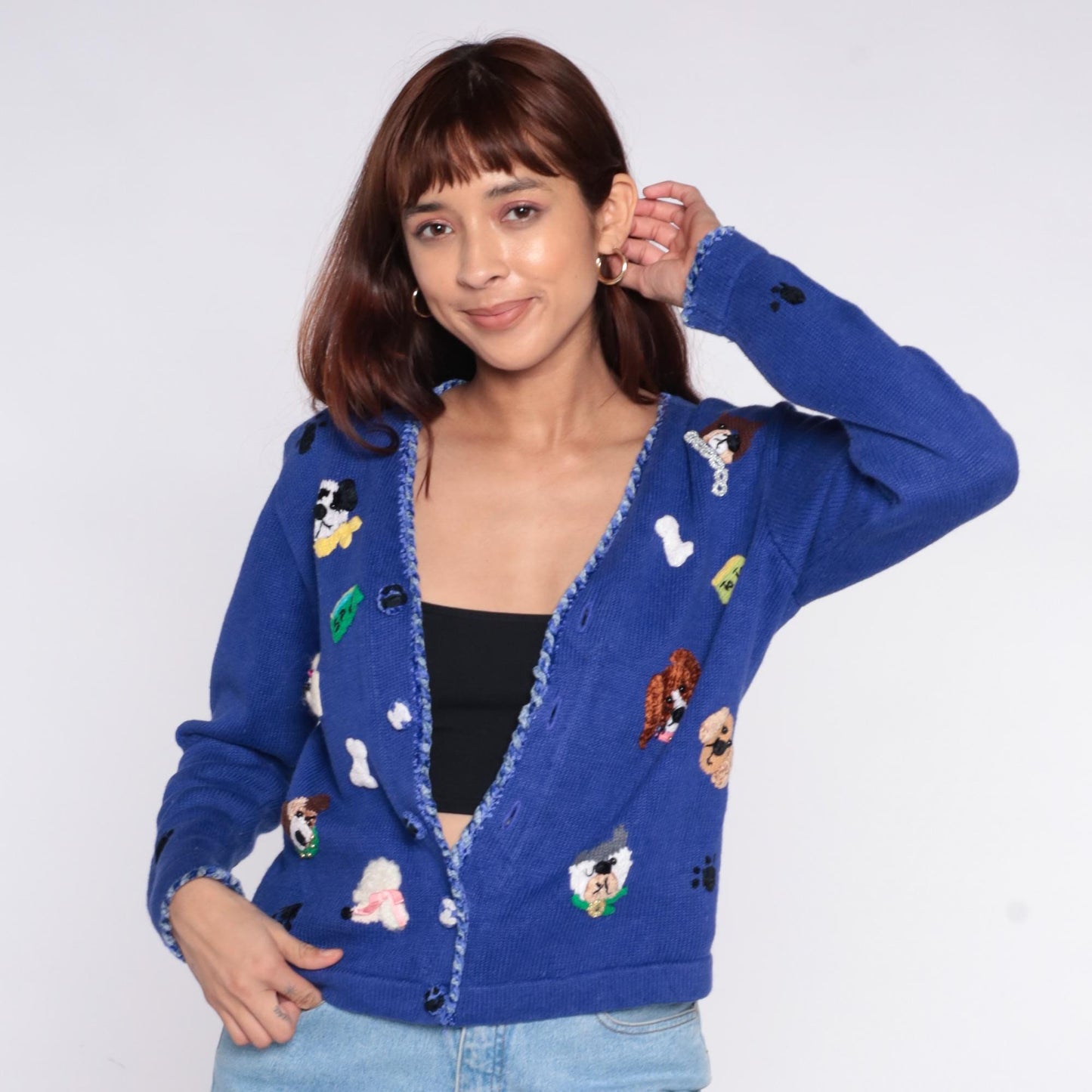 90s Jack B. Quick Dog Cardigan Blue Embroidered Puppy Paw Print Small