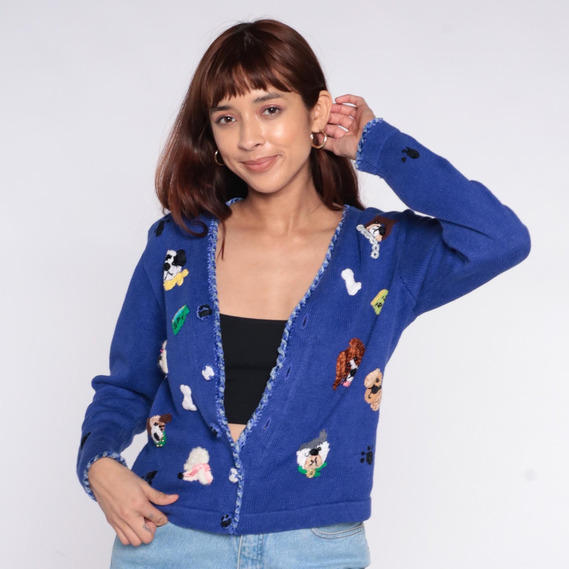 90s Jack B. Quick Dog Cardigan Blue Embroidered Puppy Paw Print Small