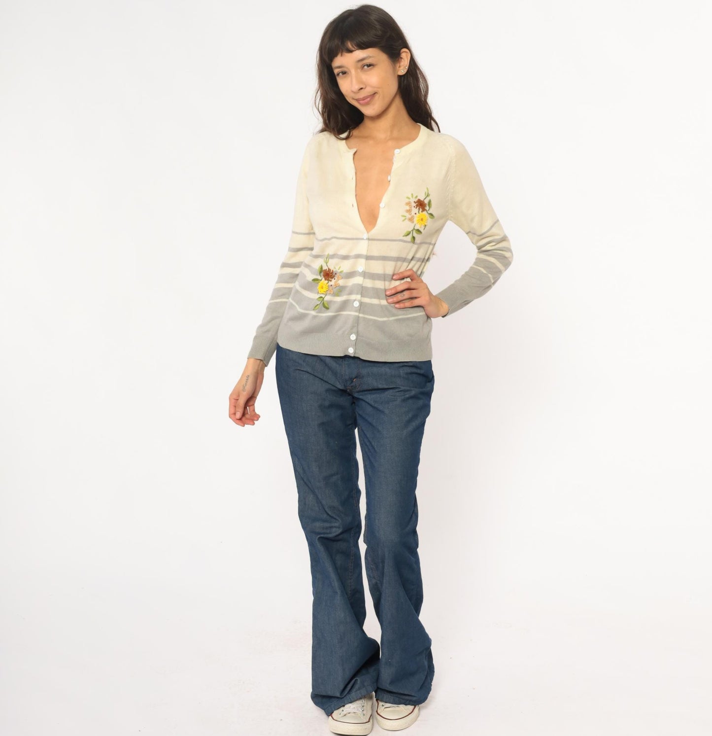 90s Jo-in Floral Embroidered Cardigan Cream Striped Knit Extra Small XS