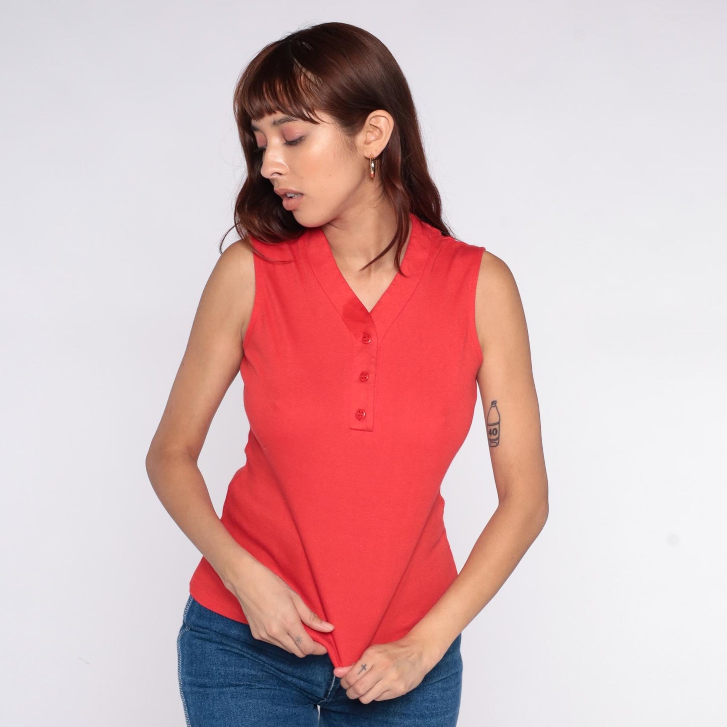70s Catalina Sportswear Red Polo Tank V-Neck Collared Button Front Small