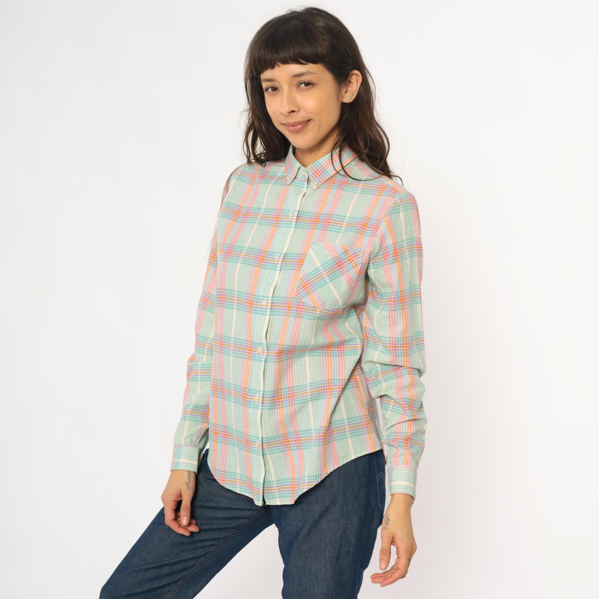 90s Pastel Plaid Button-Down Shirt Long Sleeve Collared Medium M