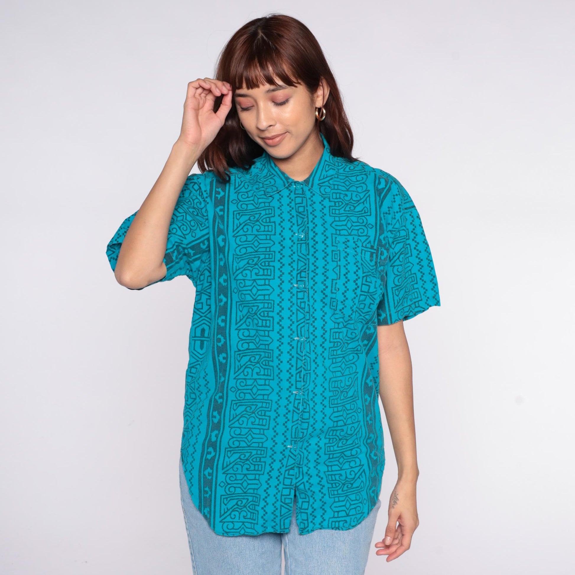 90s Turquoise Geometric Tribal Button-Up Shirt Short Sleeve Medium