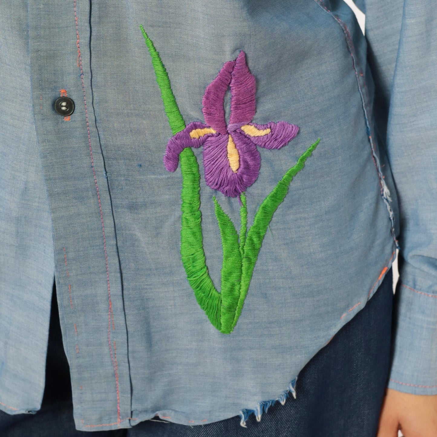 70s Chambray Western Shirt Floral Embroidered Iris Purple Pink Blue Medium