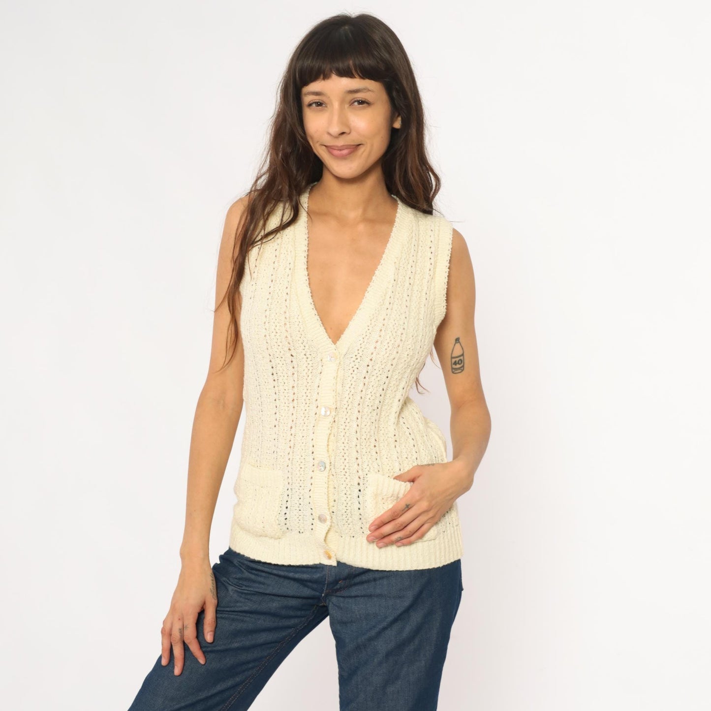 70s Cream Crochet Vest Pointelle Knit Sleeveless Cardigan Small S