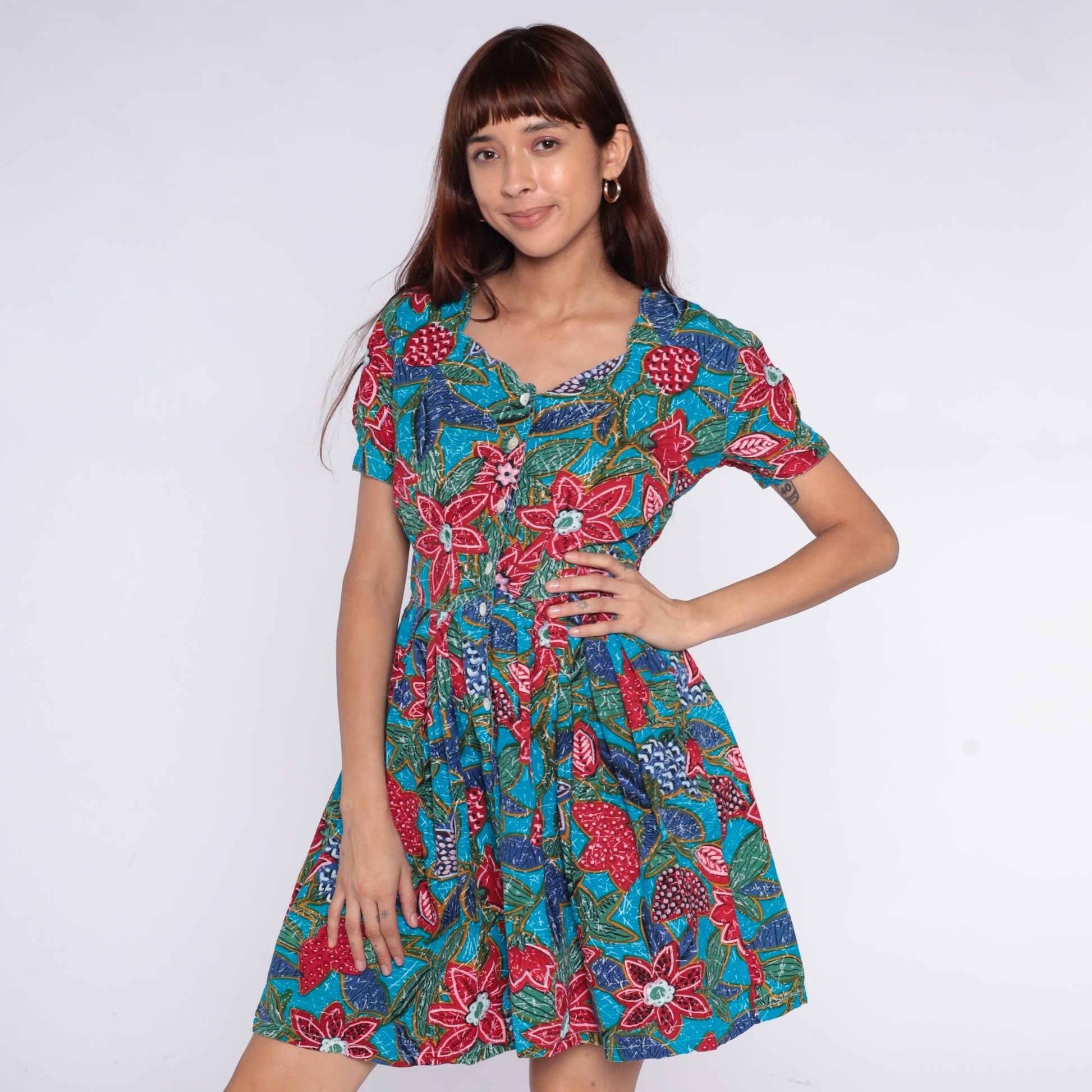 90s Regarde! Tropical Floral Cotton Dress Puff Sleeve Turquoise Small
