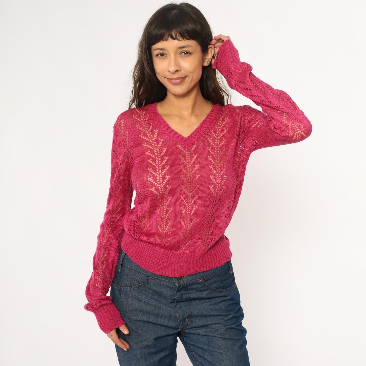 70s Alice Kim Hot Pink Pointelle Knit Sweater Chevron V-Neck Small