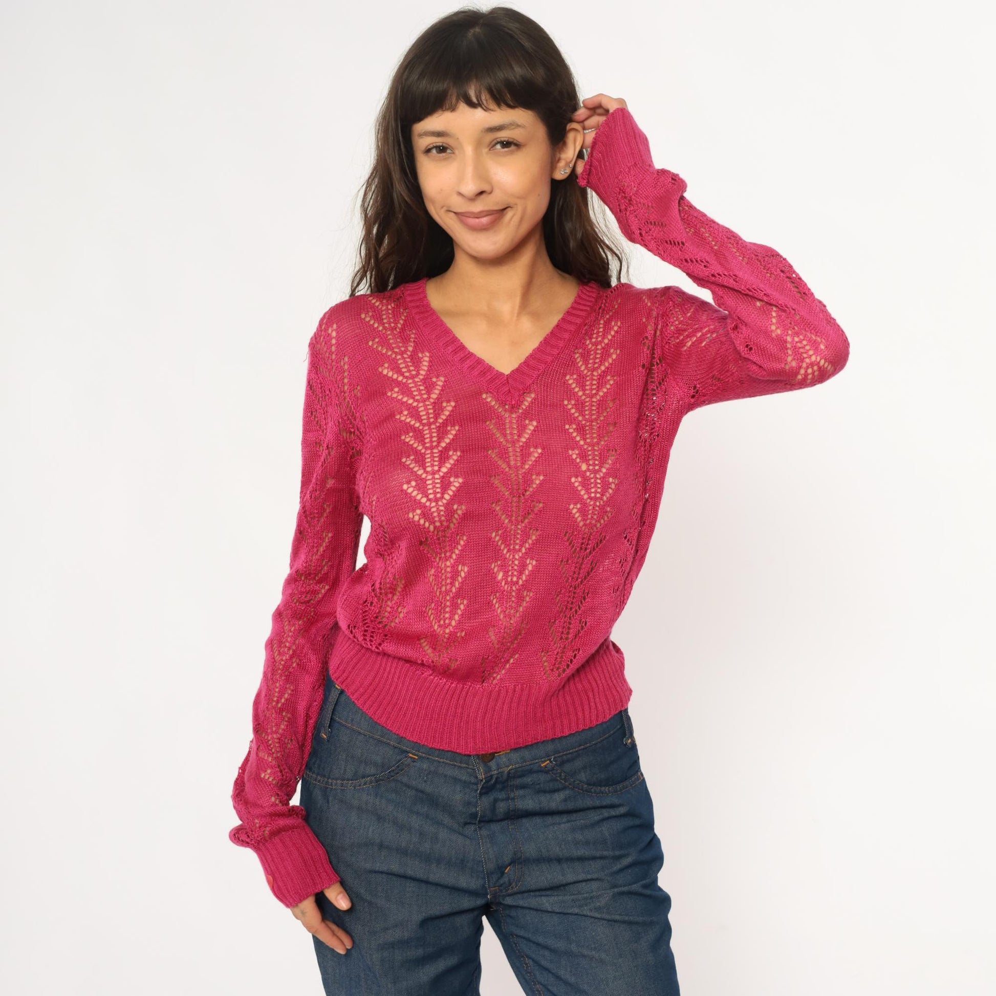 70s Alice Kim Hot Pink Pointelle Knit Sweater Chevron V-Neck Small