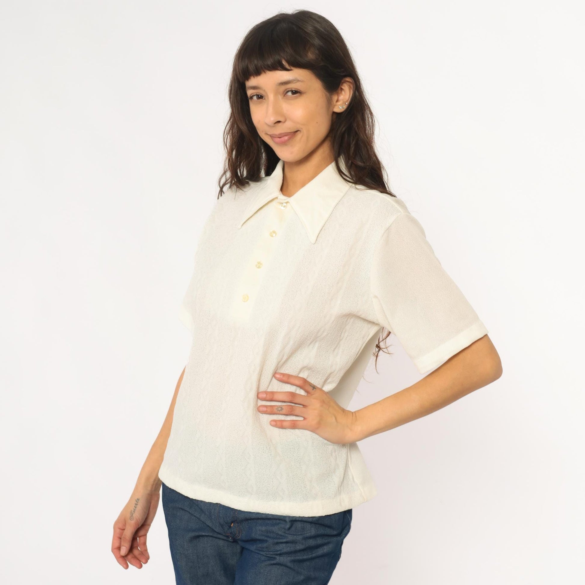 70s JC Penney Towncraft Cream Polo Blouse Pointed Collar Ribbed Large