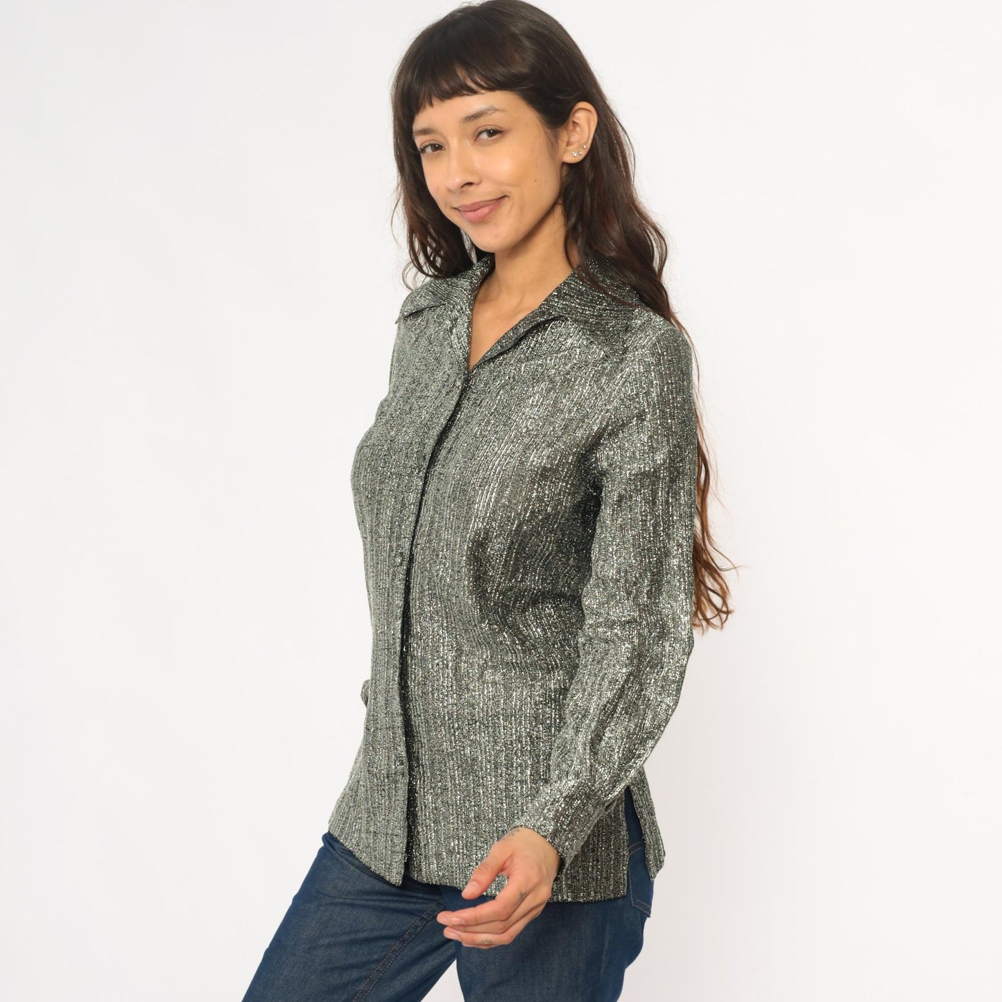80s Ruth Walter Metallic Silver Blouse Pointed Collar Long Sleeve Small
