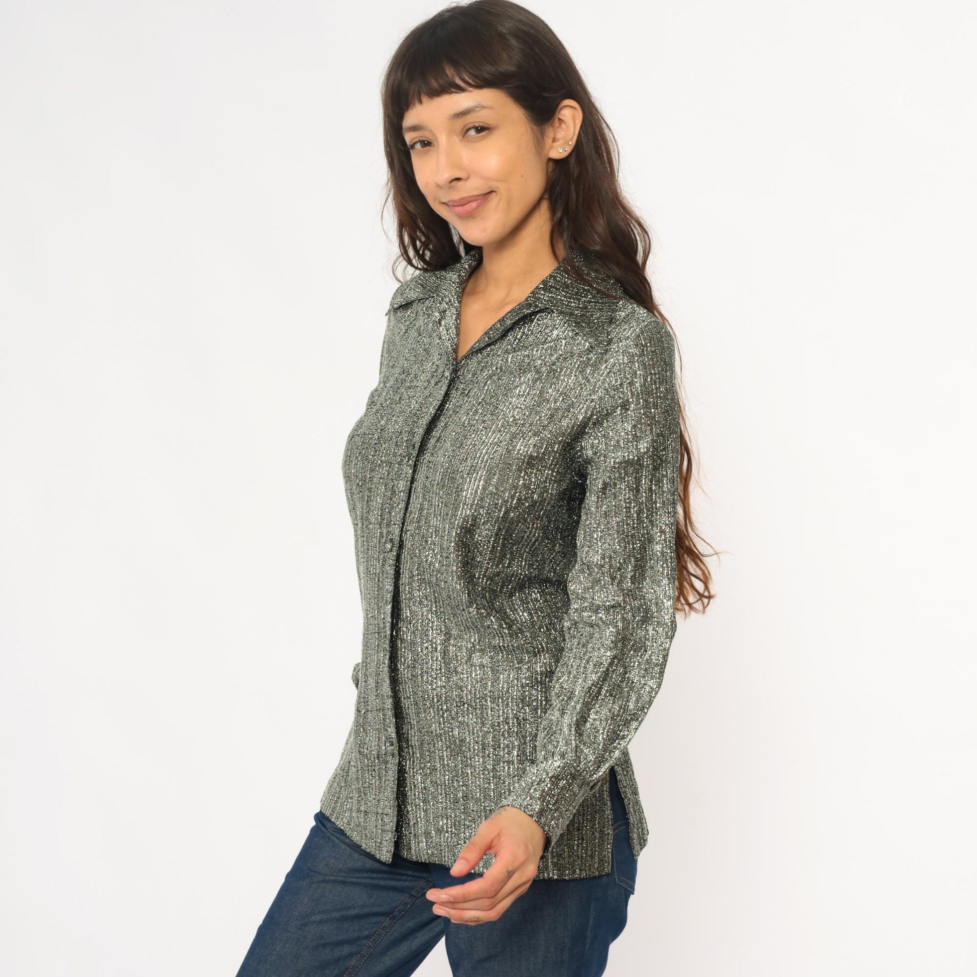 80s Ruth Walter Metallic Silver Blouse Pointed Collar Long Sleeve Small