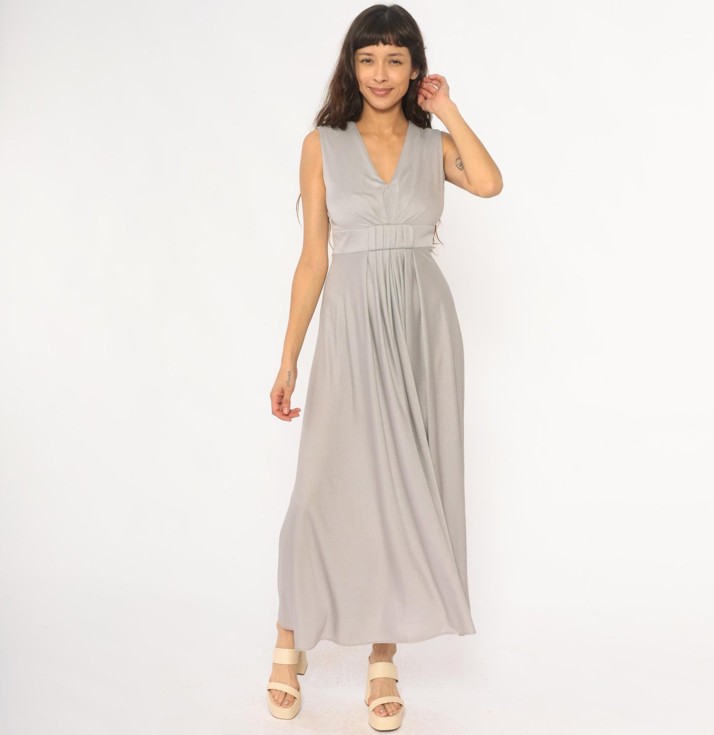 70s Silver Maxi Dress V-Neck Empire Waist Sleeveless Evening Gown Small