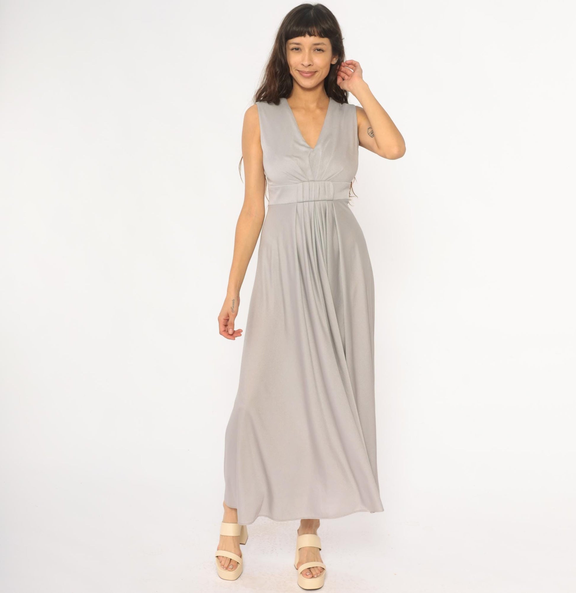 70s Silver Maxi Dress V-Neck Empire Waist Sleeveless Evening Gown Small