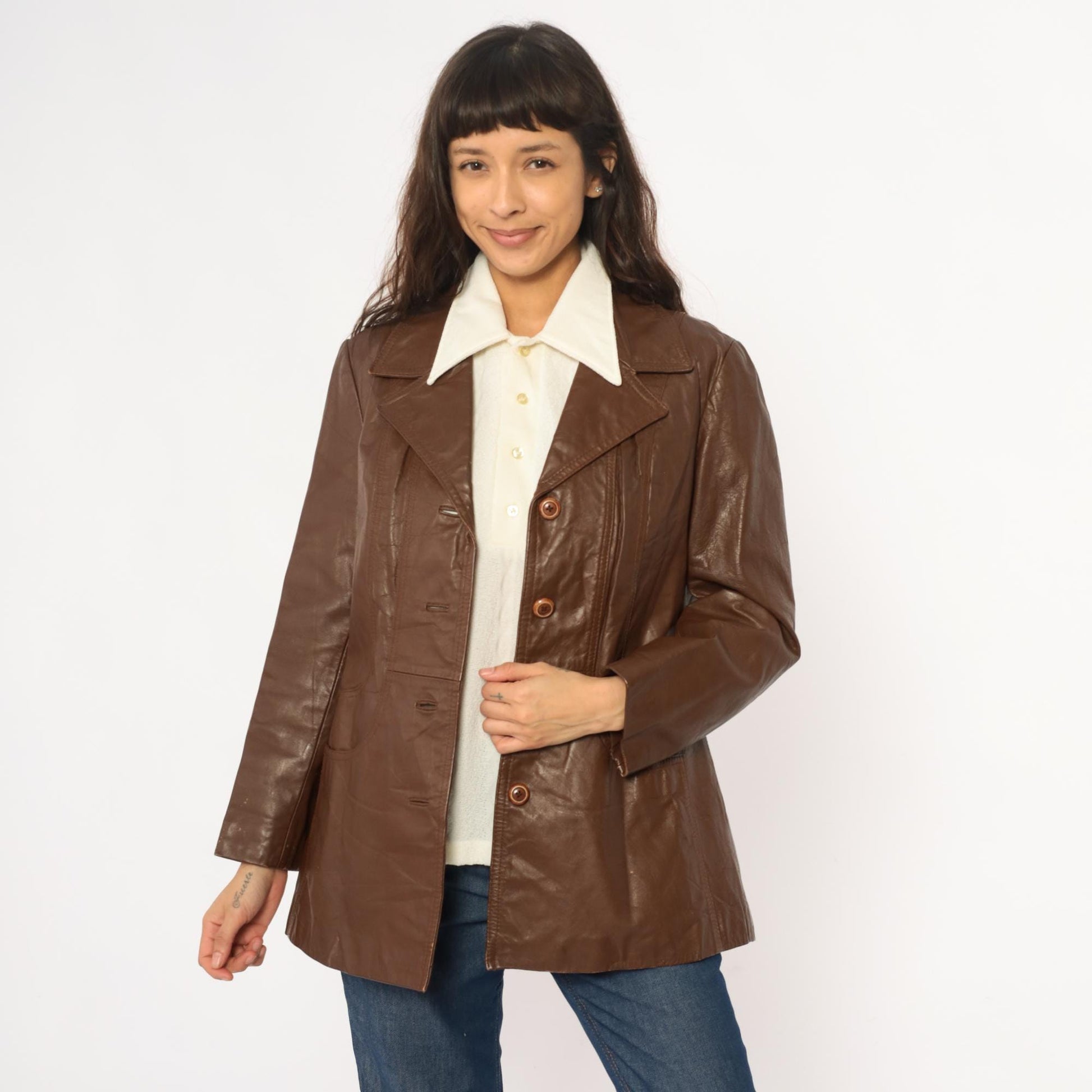 70s Brown Leather Jacket Notched Collar Braided Belt Detail Medium
