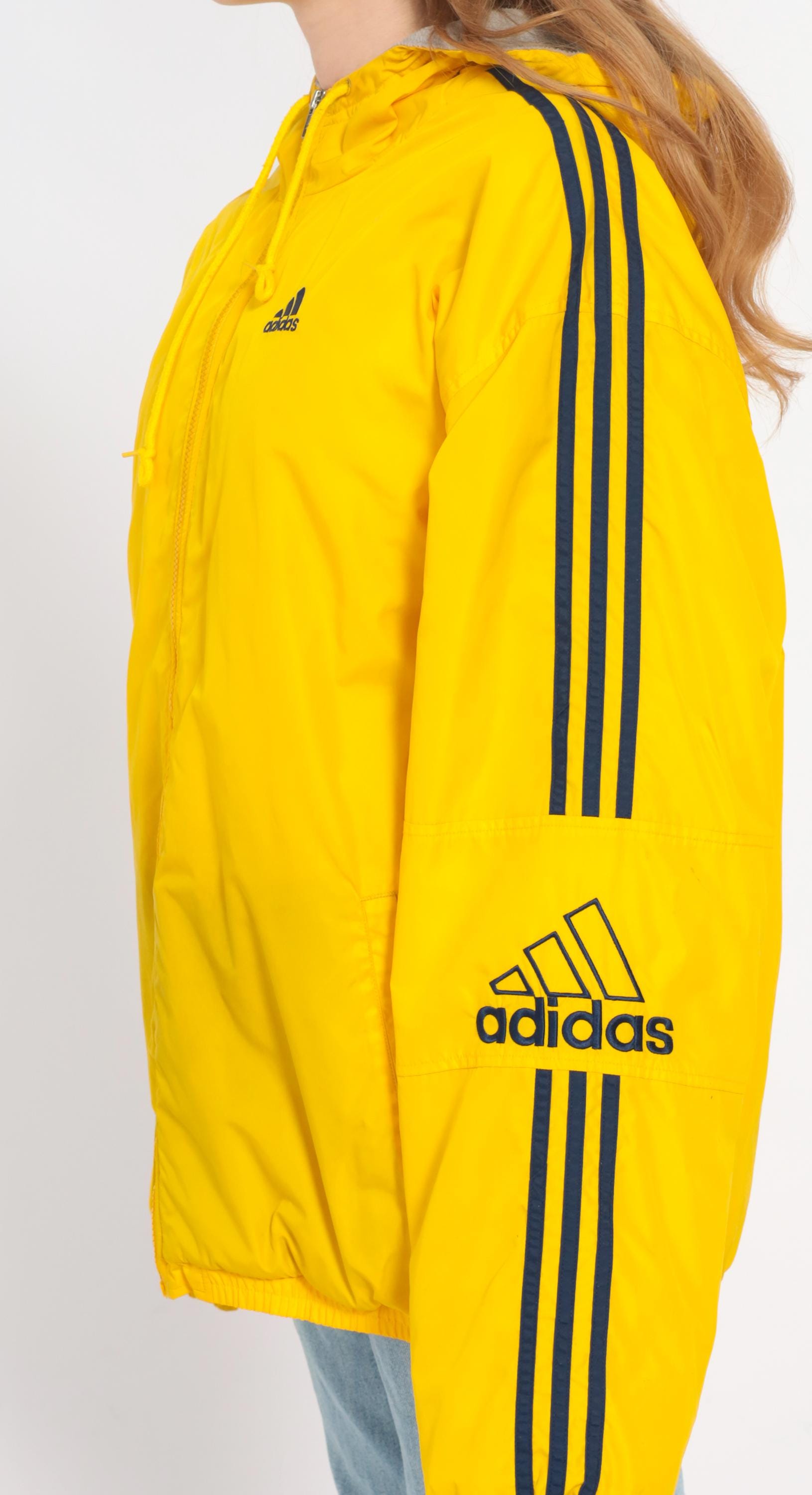 Y2K Adidas Yellow Windbreaker Hooded Jacket Navy Stripe Large L