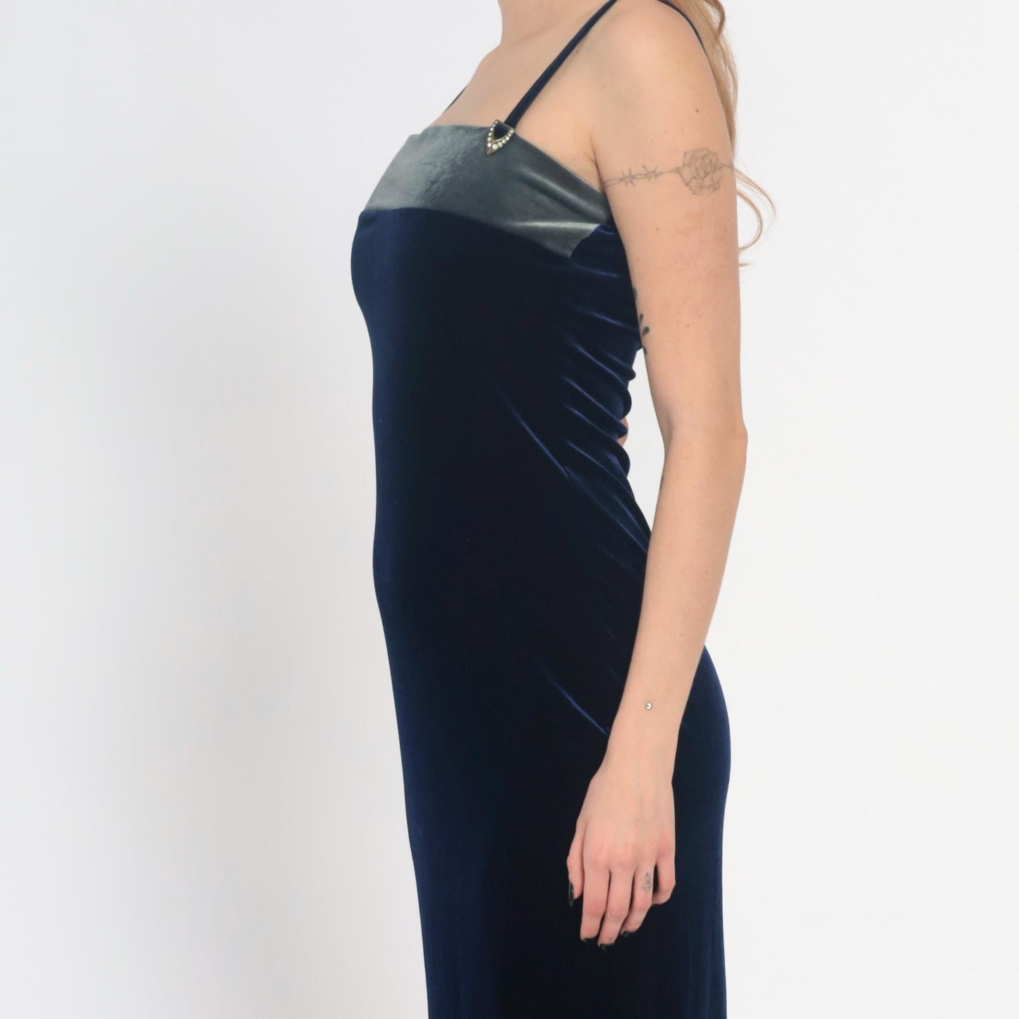 90s Navy Velvet Maxi Dress Spaghetti Strap Column Gold Hardware Medium M