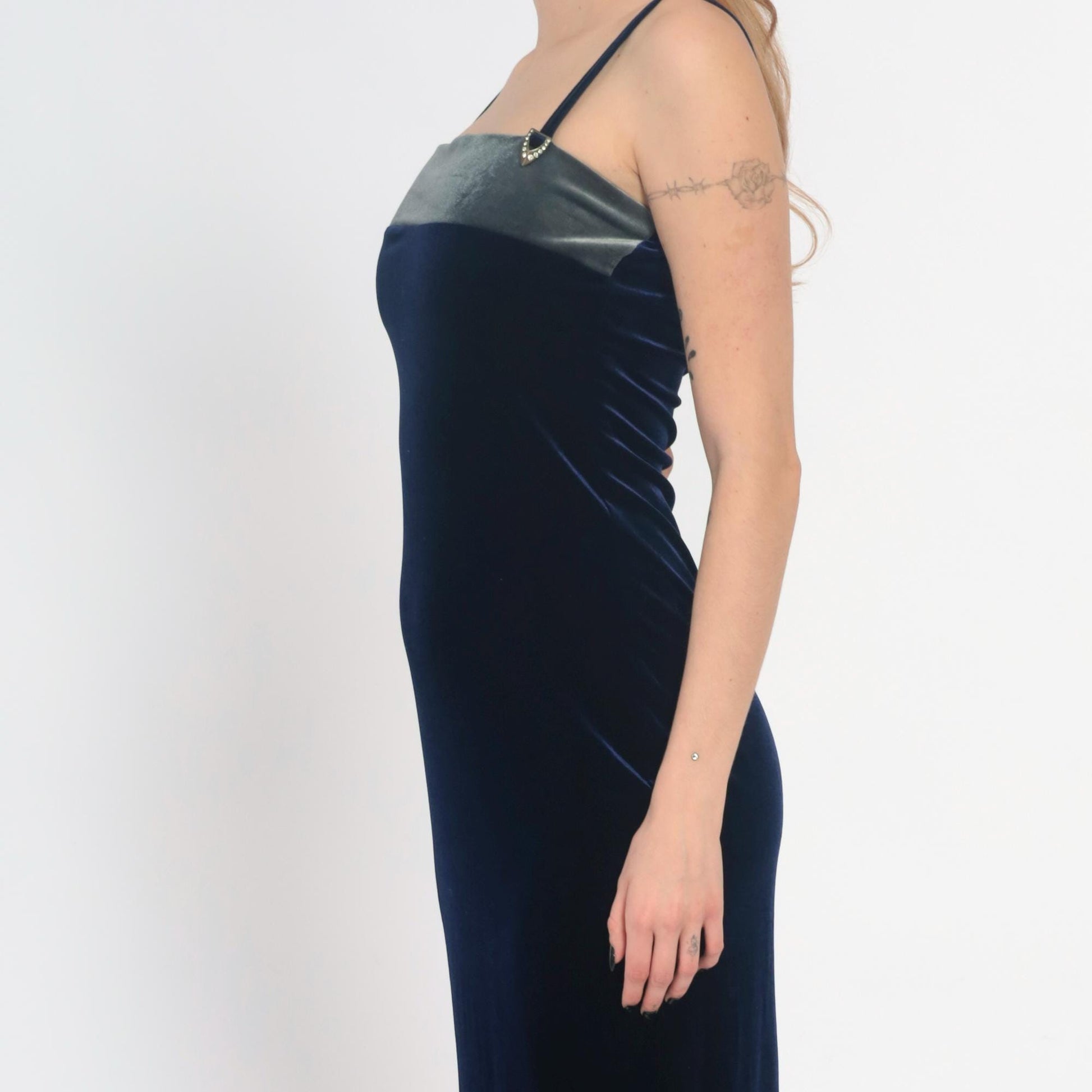90s Navy Velvet Maxi Dress Spaghetti Strap Column Gold Hardware Medium M