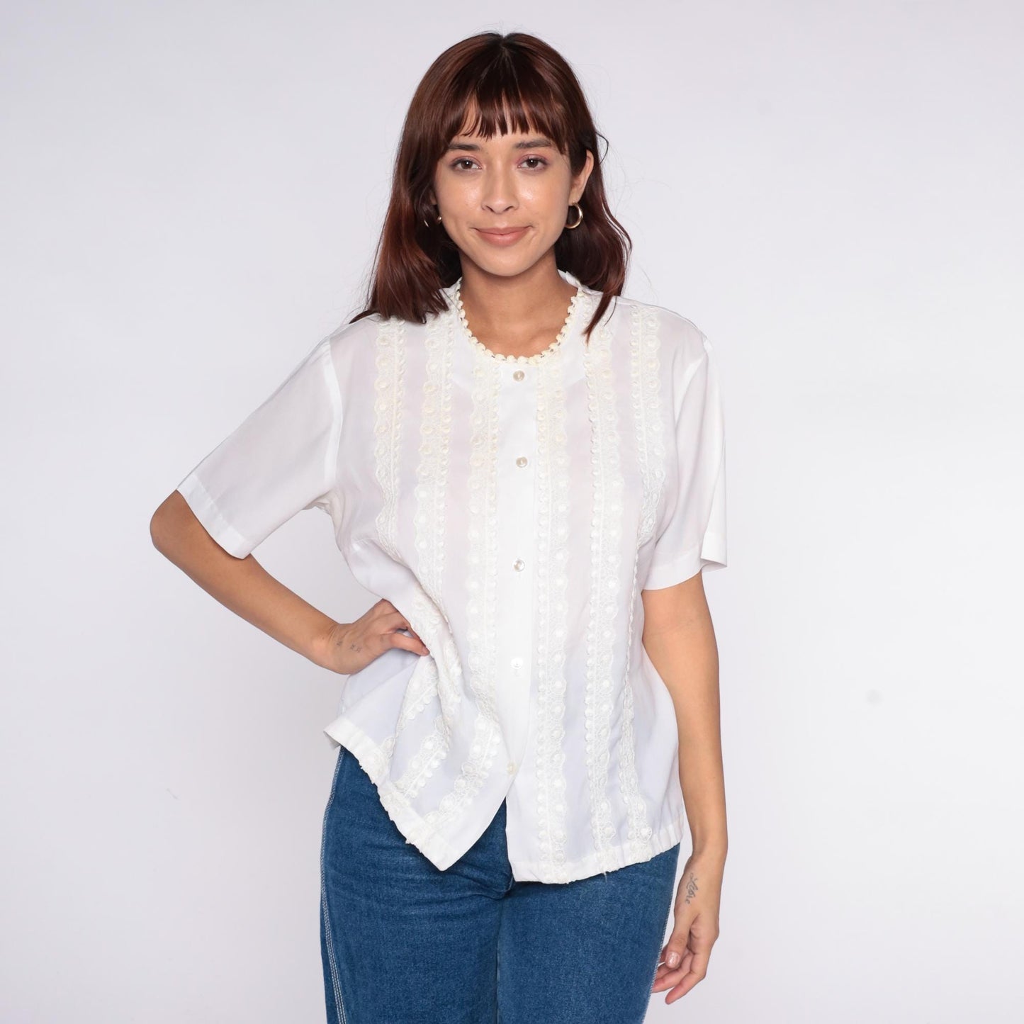 70s La Rose California White Blouse Scalloped Lace Embroidered Button Front Large