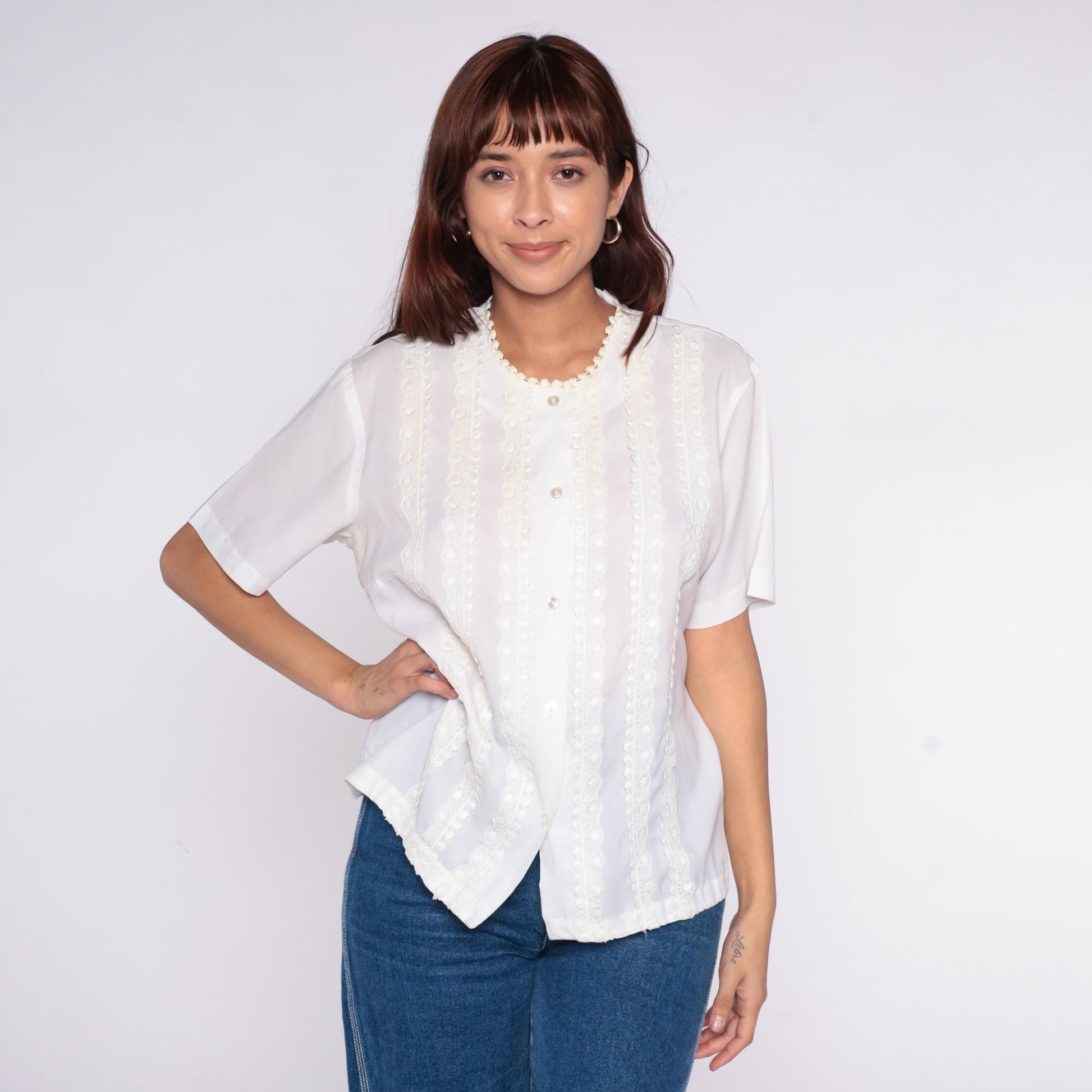 70s La Rose California White Blouse Scalloped Lace Embroidered Button Front Large