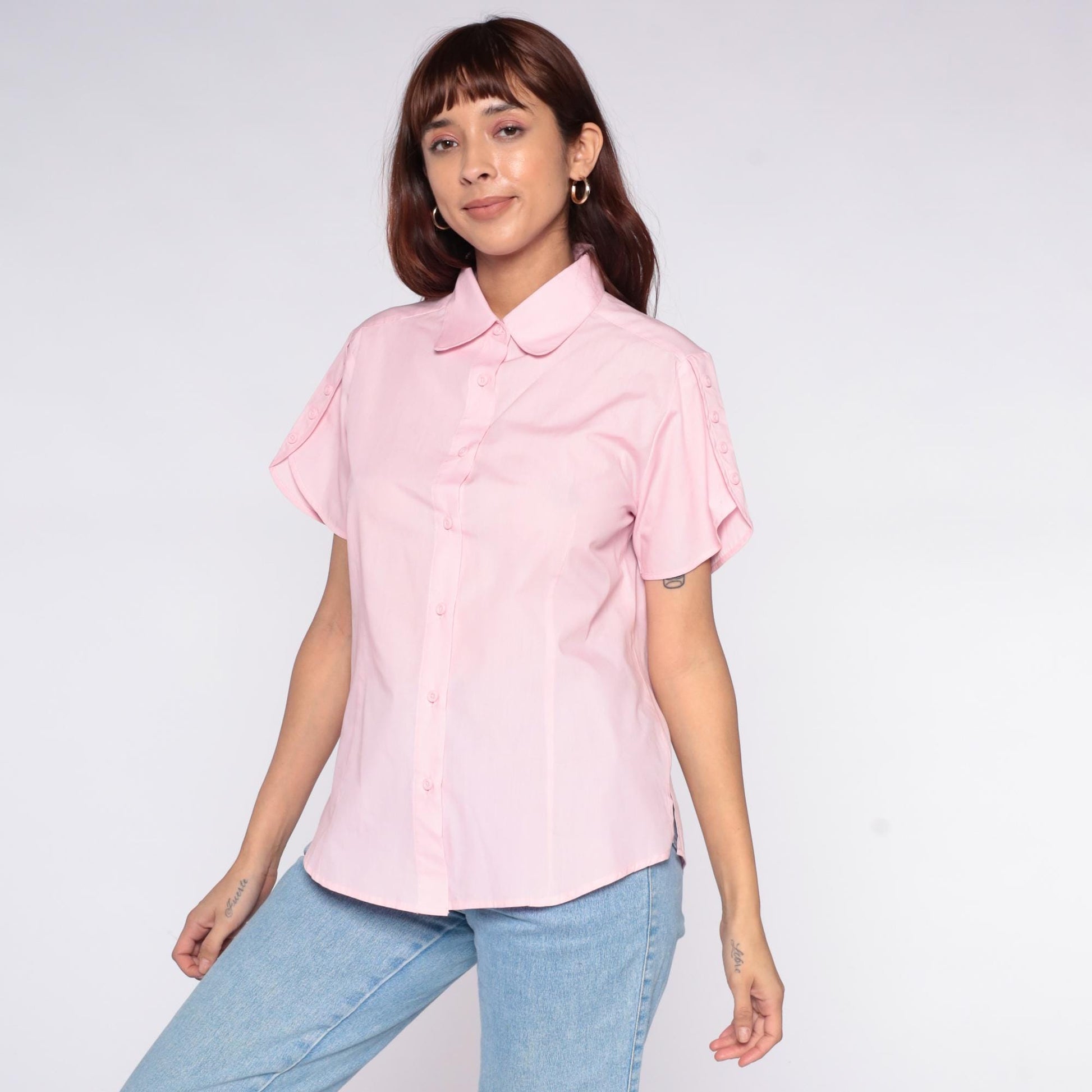 80s American Sweetheart Pink Button-Up Blouse Peter Pan Collar Medium M
