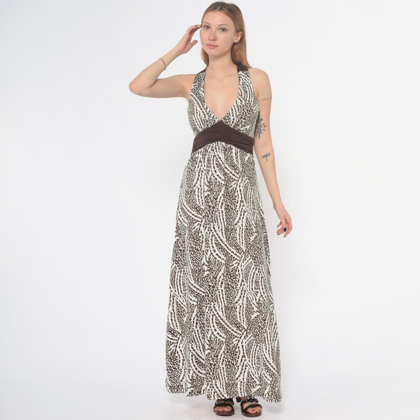Y2K Hypnotik Halter Maxi Dress Brown Geometric Open Back Medium M