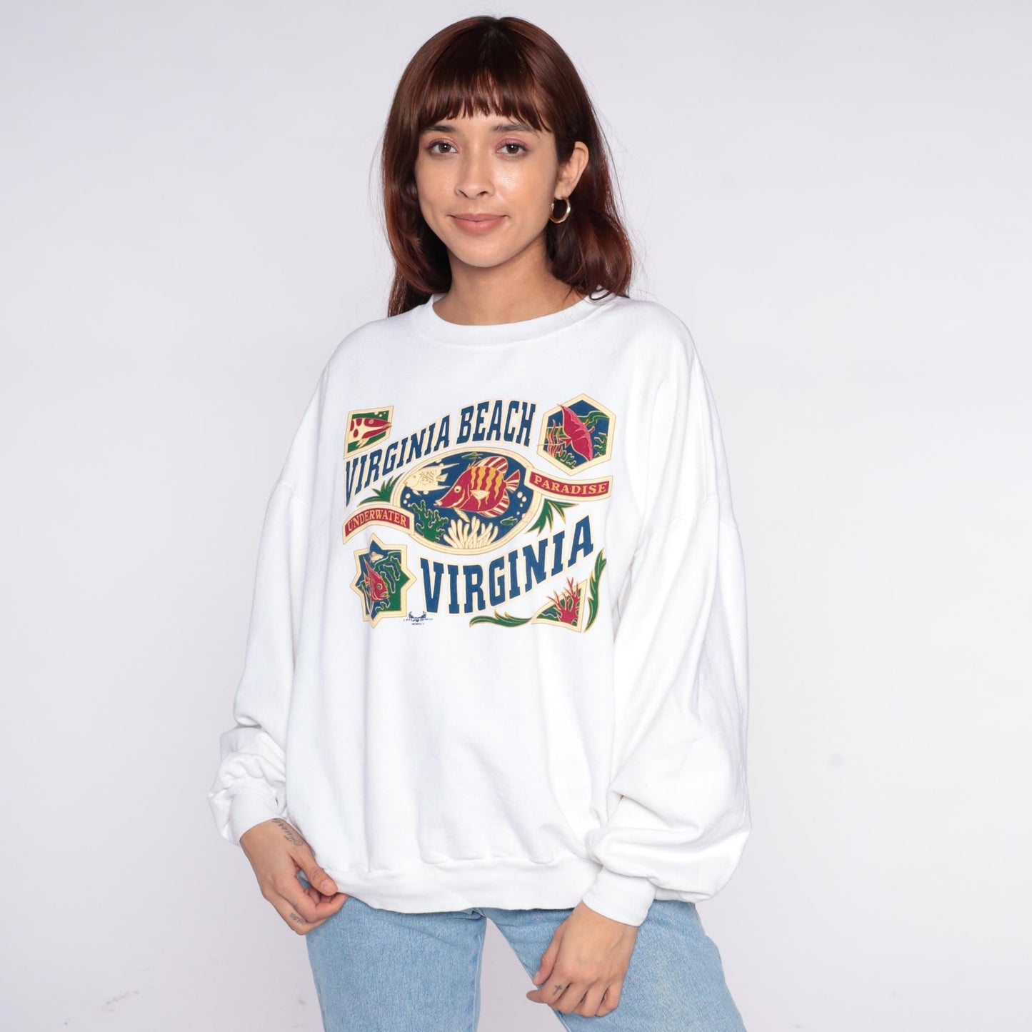 90s Virginia Beach Sweatshirt Plus Size XXL White Tropical Fish Graphic Pullover