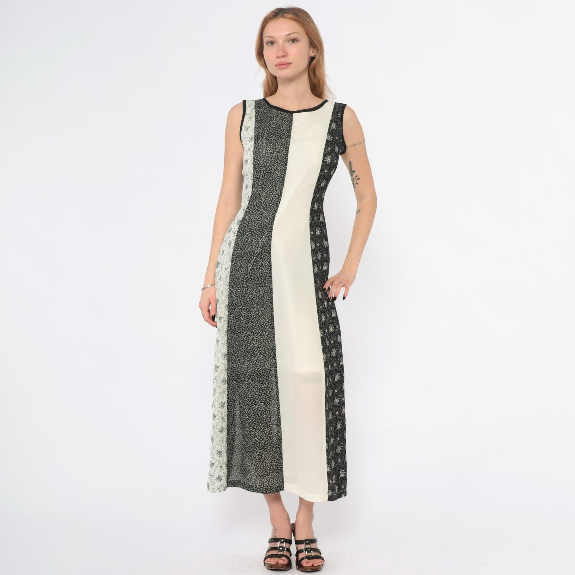 Y2K Maxi Dress Black White Floral Striped Tie Waist Sleeveless Medium M