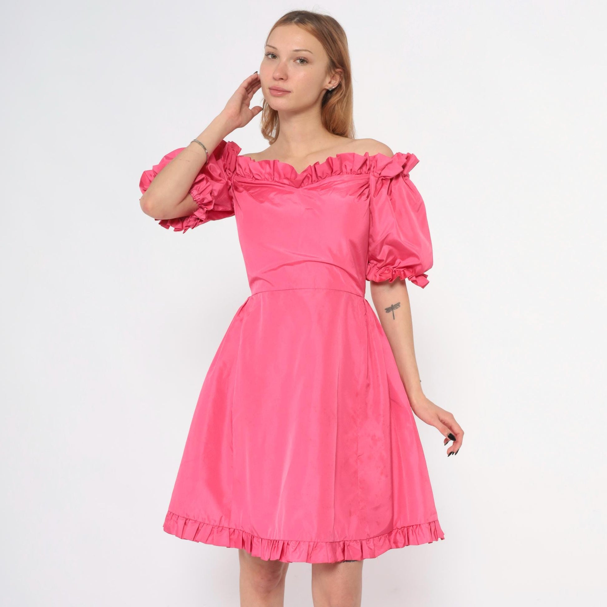 70s Hot Pink Off-Shoulder Puff Sleeve Dress Ruffle Hem Extra Small XS