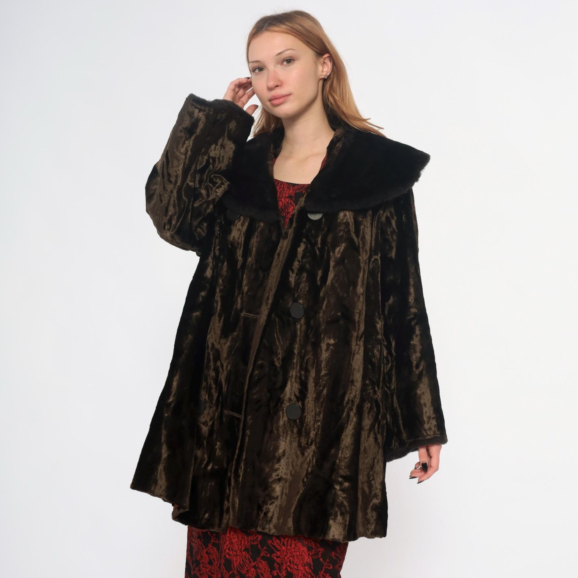70s Brown Crushed Velvet Coat Black Faux Fur Collar Button Front Extra Large XXL